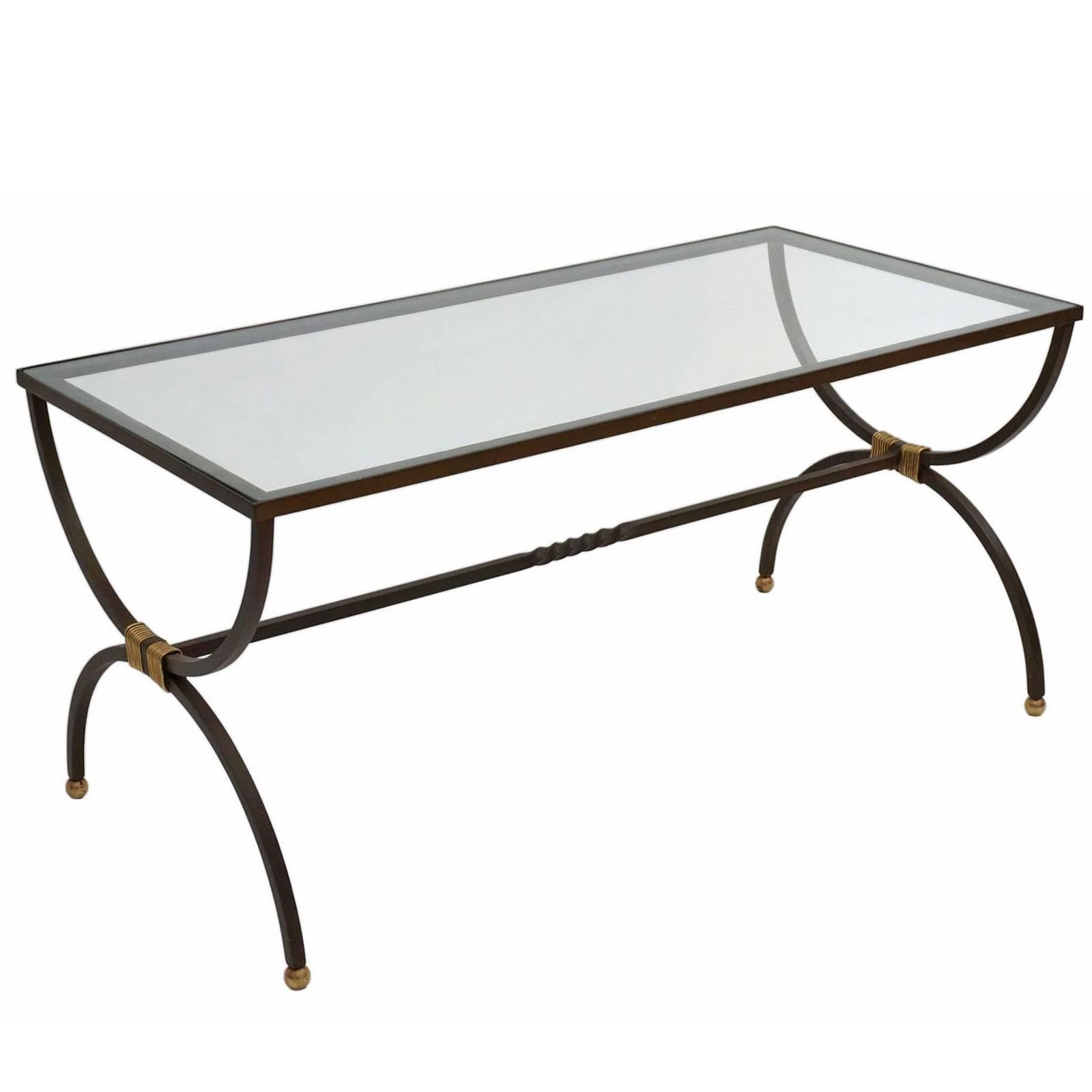 Midcentury Rectangular Iron and Glass Coffee Table, France, circa 1950