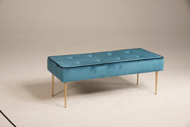 MidCentury Rectangular Light Blue Silk Velvet Black Lined Brass Legs