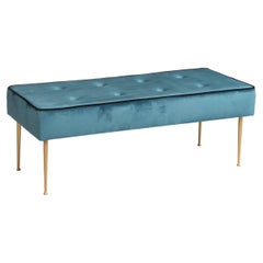 Mid-Century Rectangular Light Blue Silk Velvet Black Lined Brass Legs Bench