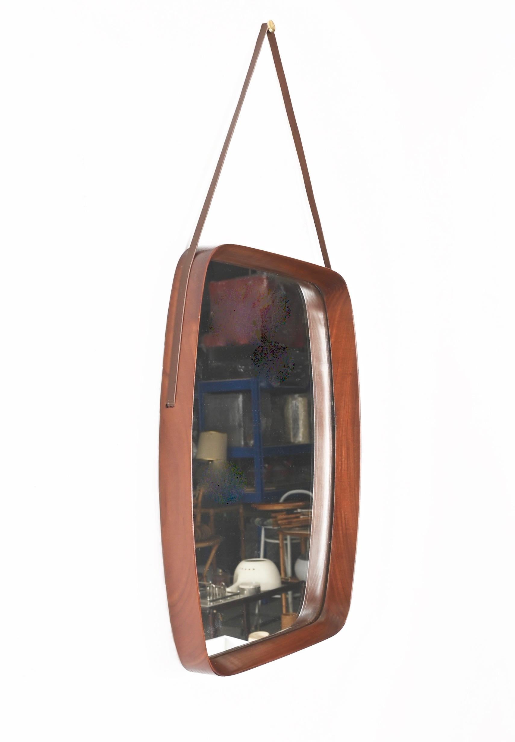 Rechteckiger Spiegel aus der Jahrhundertmitte, Teakholz, Leder von Campo & Graffi, Italien 1960er im Angebot 3