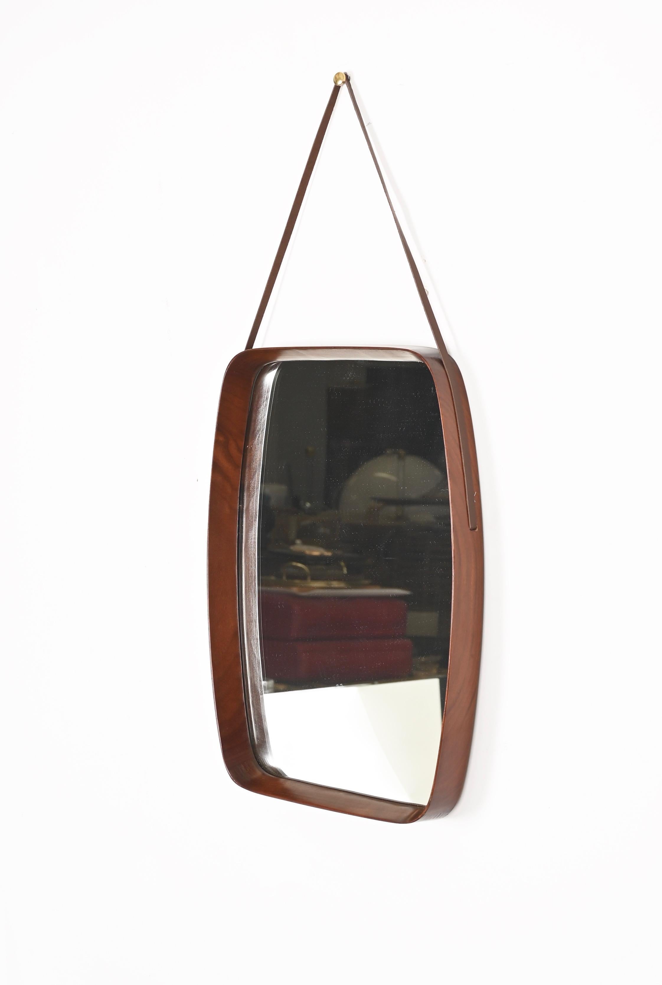 Rechteckiger Spiegel aus der Jahrhundertmitte, Teakholz, Leder von Campo & Graffi, Italien 1960er im Angebot 4
