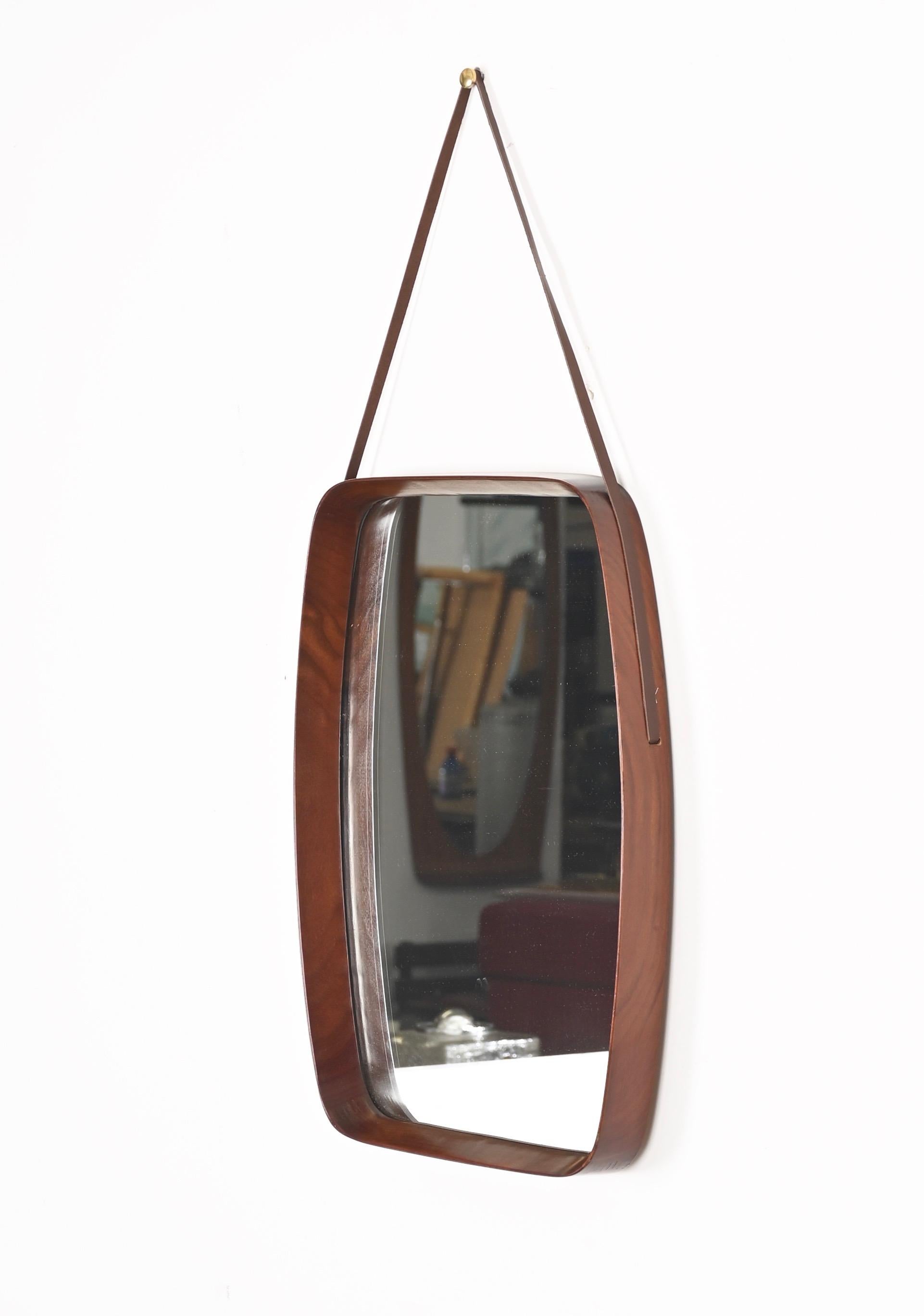 Italian Mid-Century Rectangular Mirror in Teak, Leather by Campo & Graffi, Italy 1960s For Sale