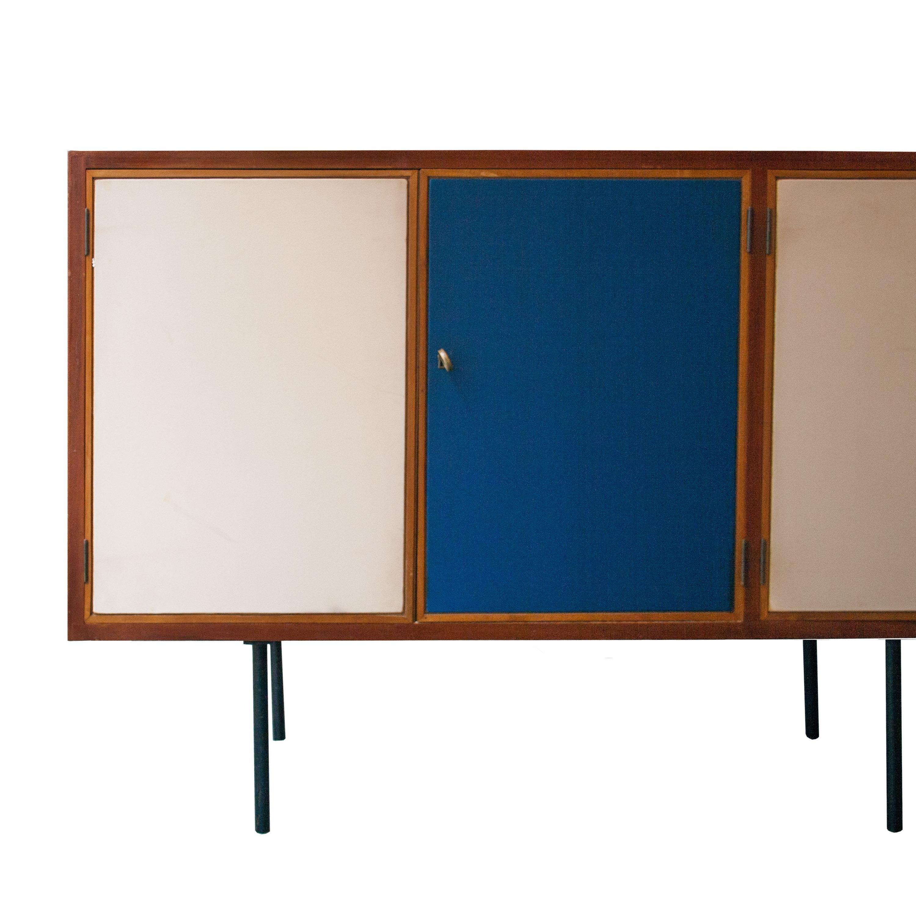 Italian Midcentury Rectangular Mahogany White Blue Doors Sideboard, Italy, 1950