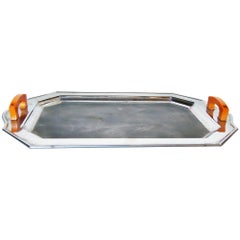 Vintage Midcentury Rectangular Stainless Steel Serving Tray Orange Bakelite Handles