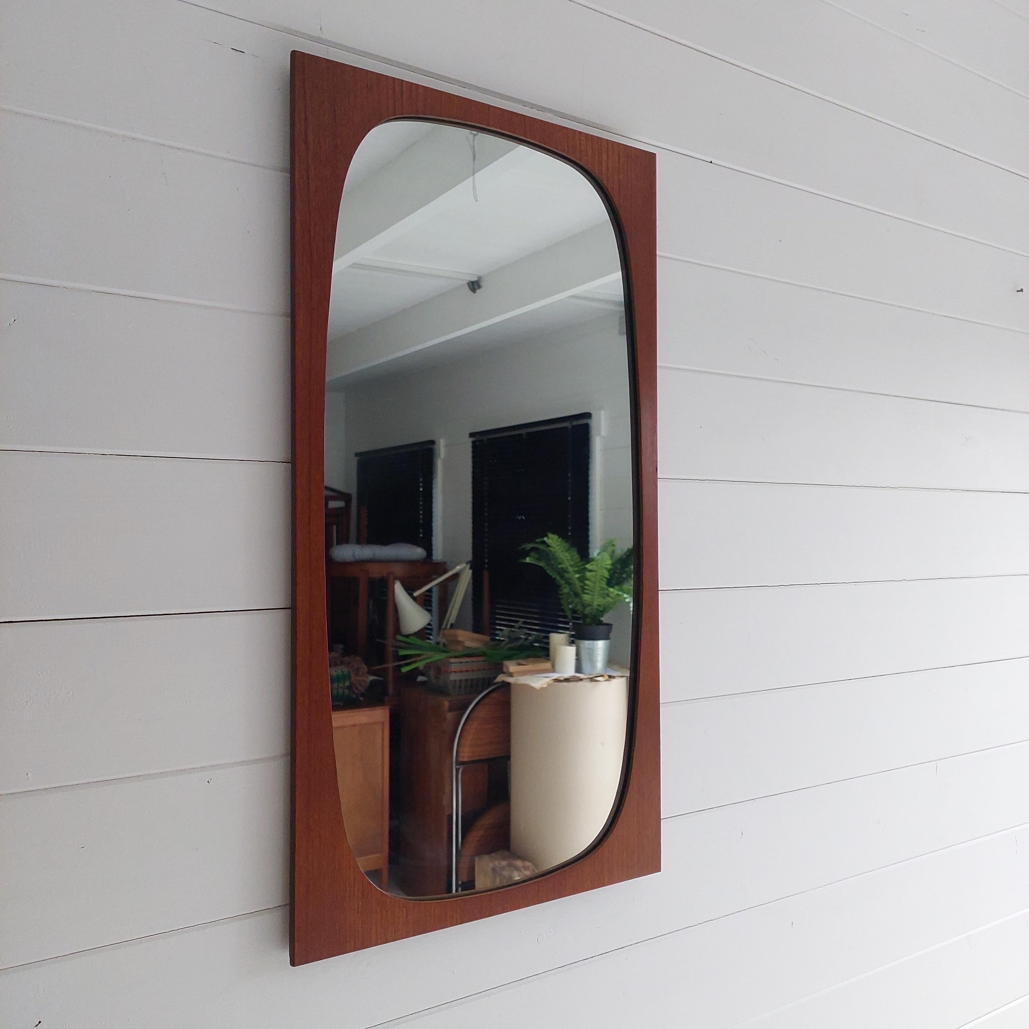 Mid Century Rectangular Teak Plywood Framed Wall Mirror with Oval Glass, 1960s For Sale 4
