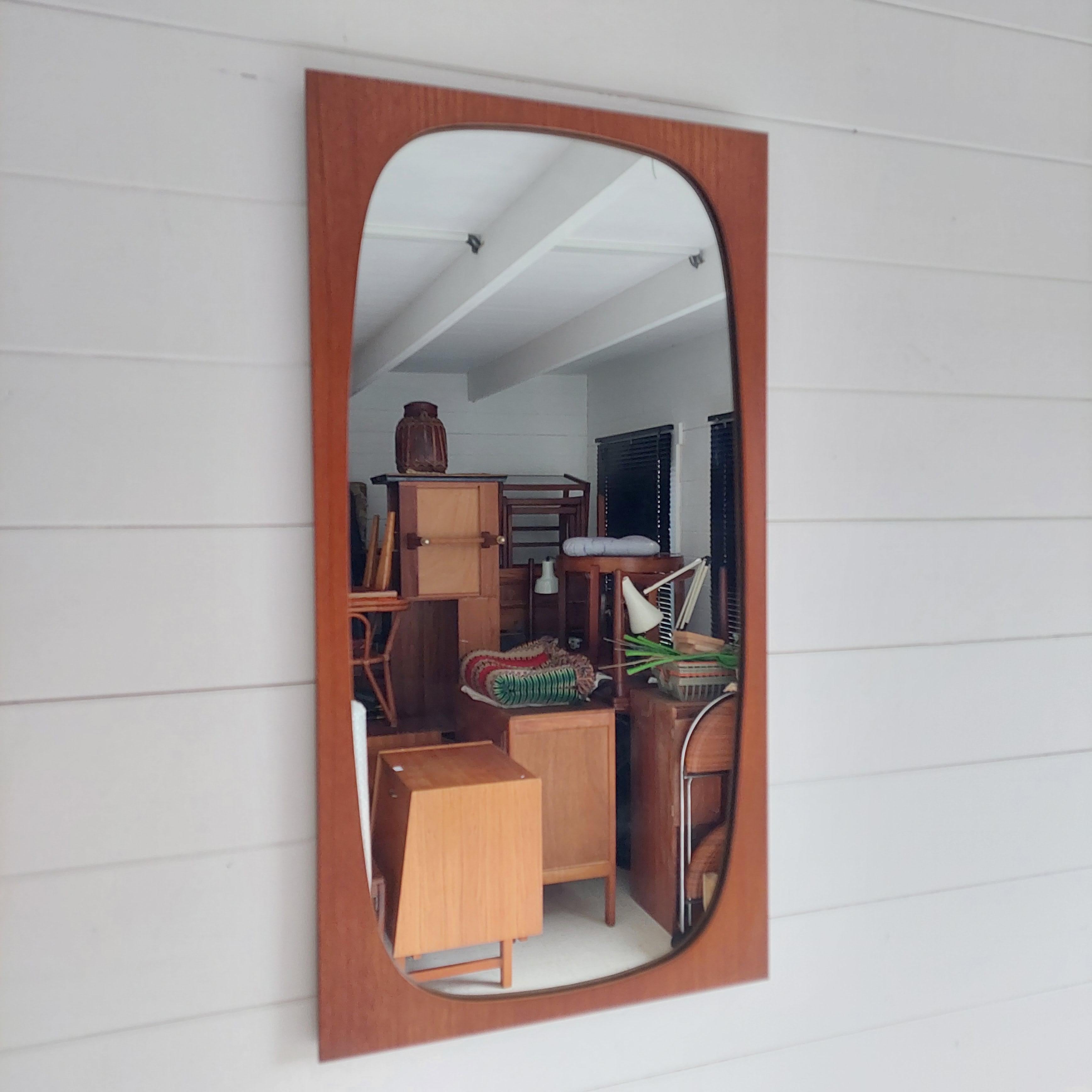 Mid Century Rectangular Teak Plywood Framed Wall Mirror with Oval Glass, 1960s For Sale 6