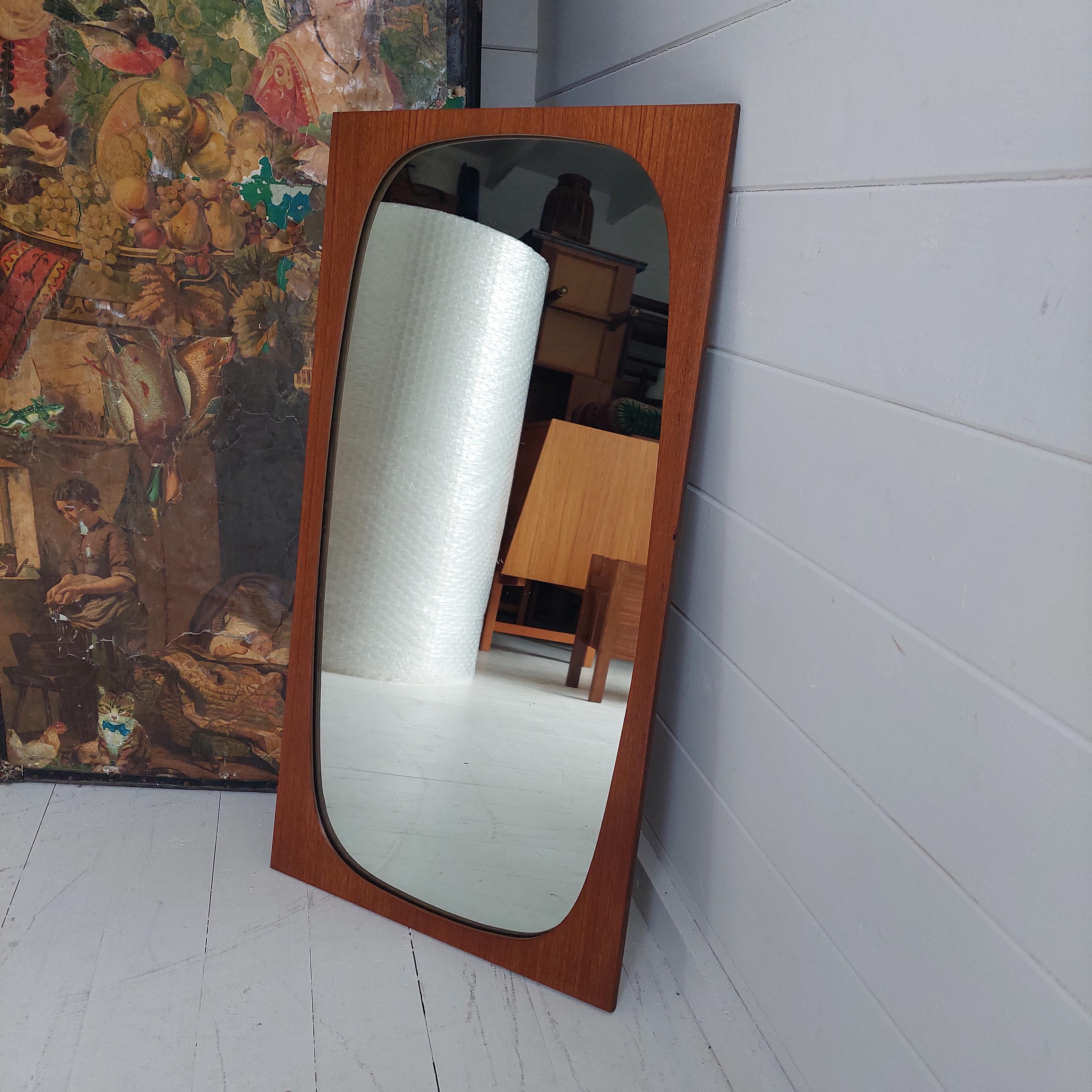 Mid-Century Modern Mid Century Rectangular Teak Plywood Framed Wall Mirror with Oval Glass, 1960s For Sale
