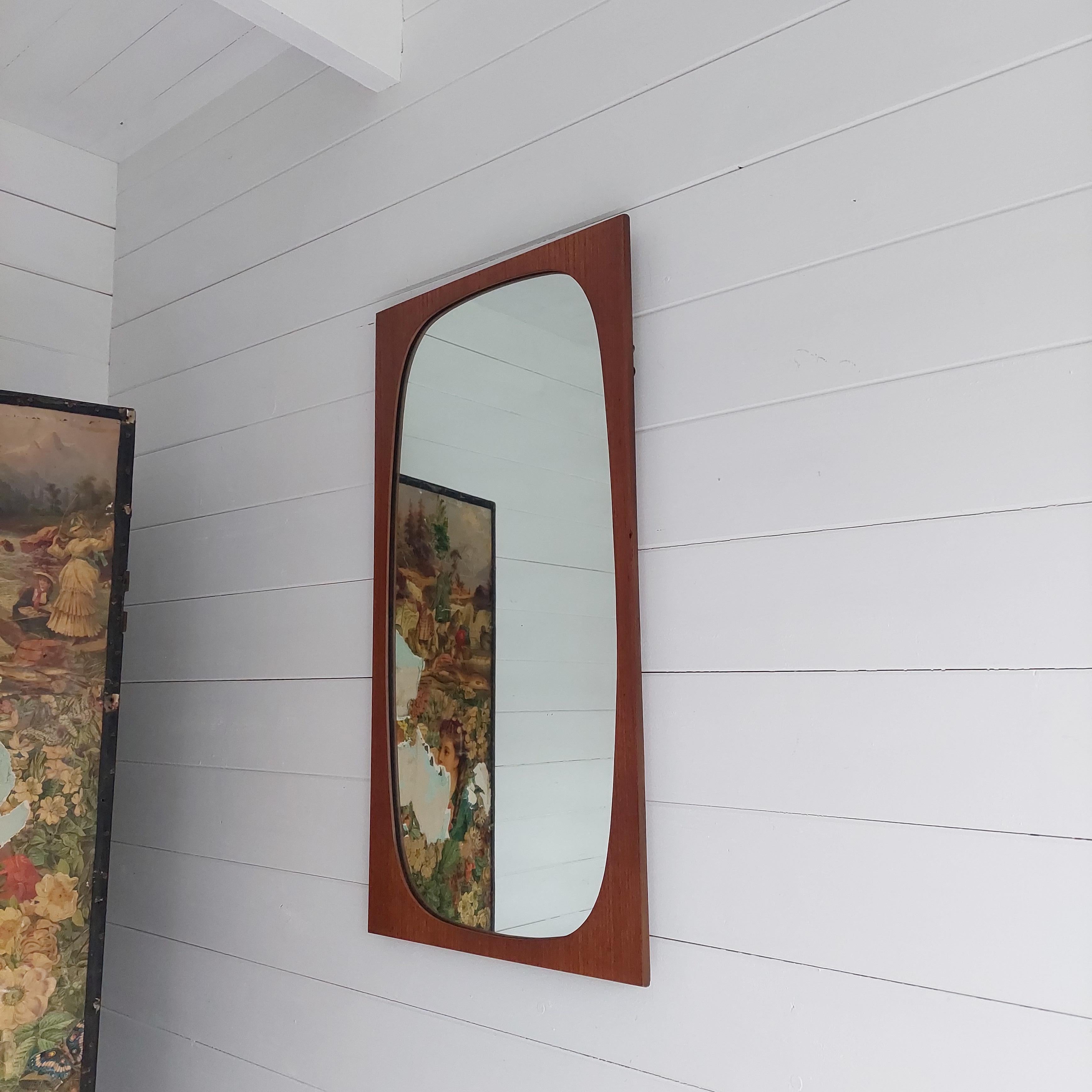 European Mid Century Rectangular Teak Plywood Framed Wall Mirror with Oval Glass, 1960s For Sale