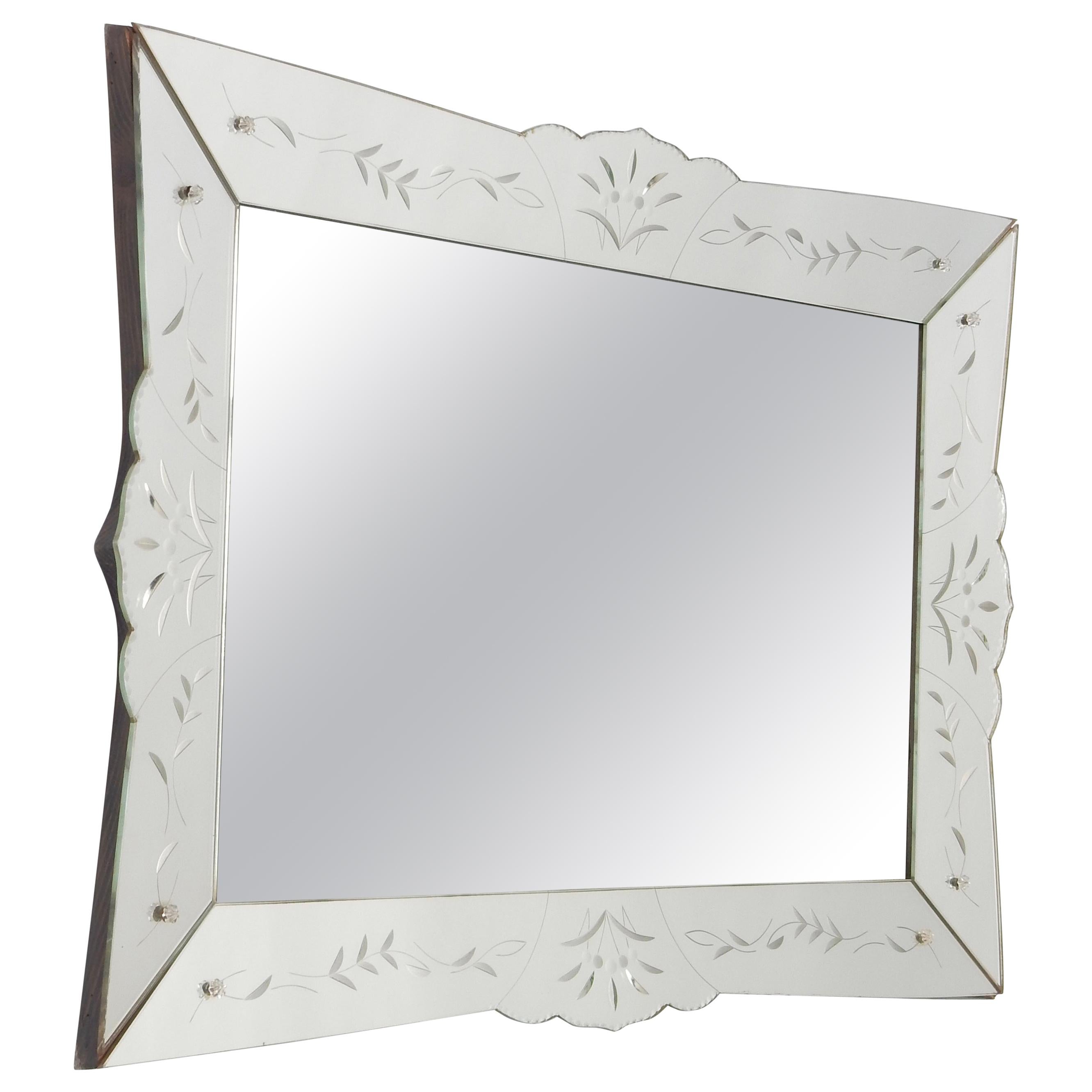 Mid Century Rectangular Venetian Style Etched Mirror, France