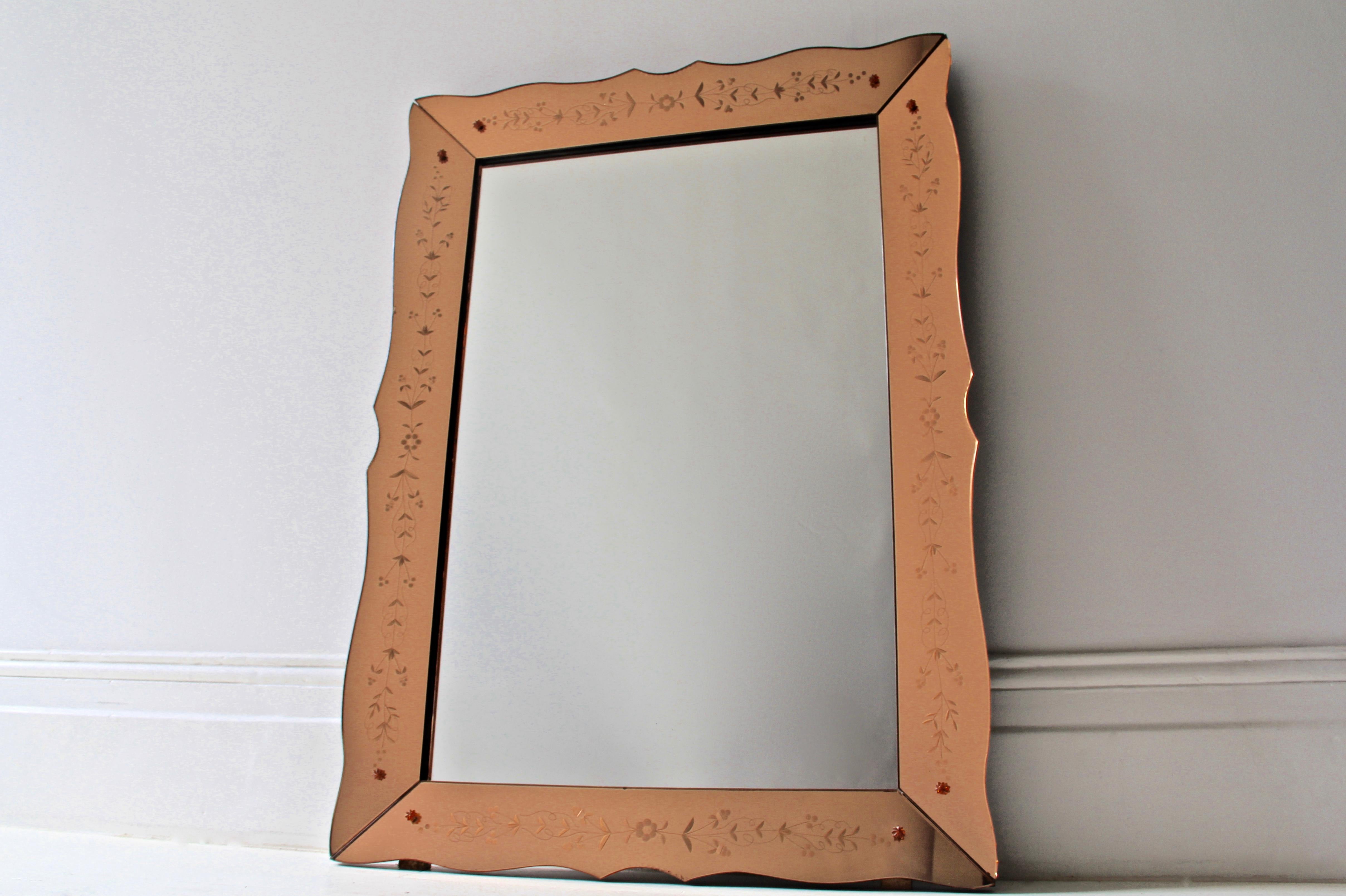 Mid-20th Century Mid Century Rectangular Venetian Style Pink/ Bronze Etched Mirror, France
