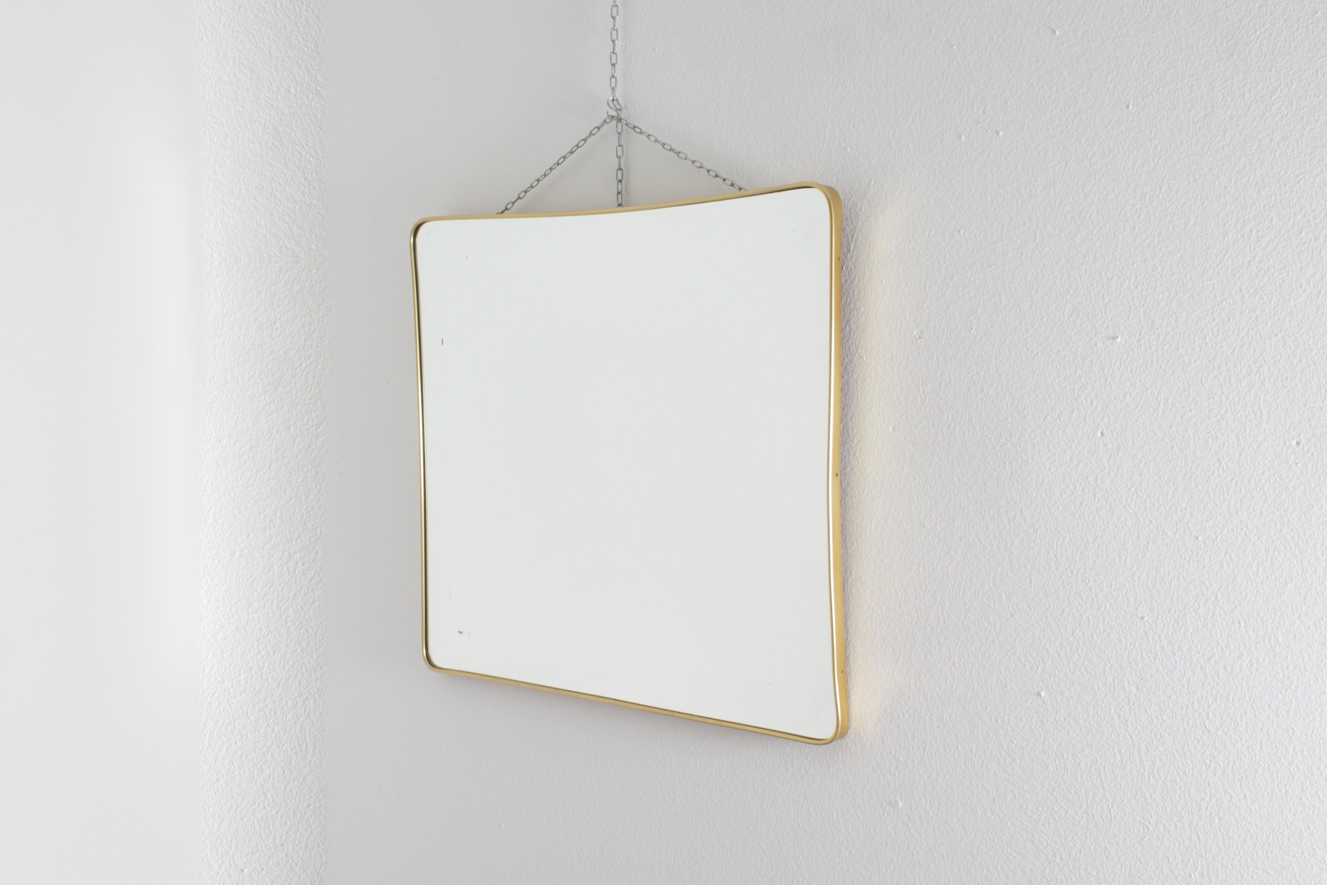 Italian Mid-Century Rectangular Wall Mirror with Golden Aluminum Frame 50s Italy For Sale