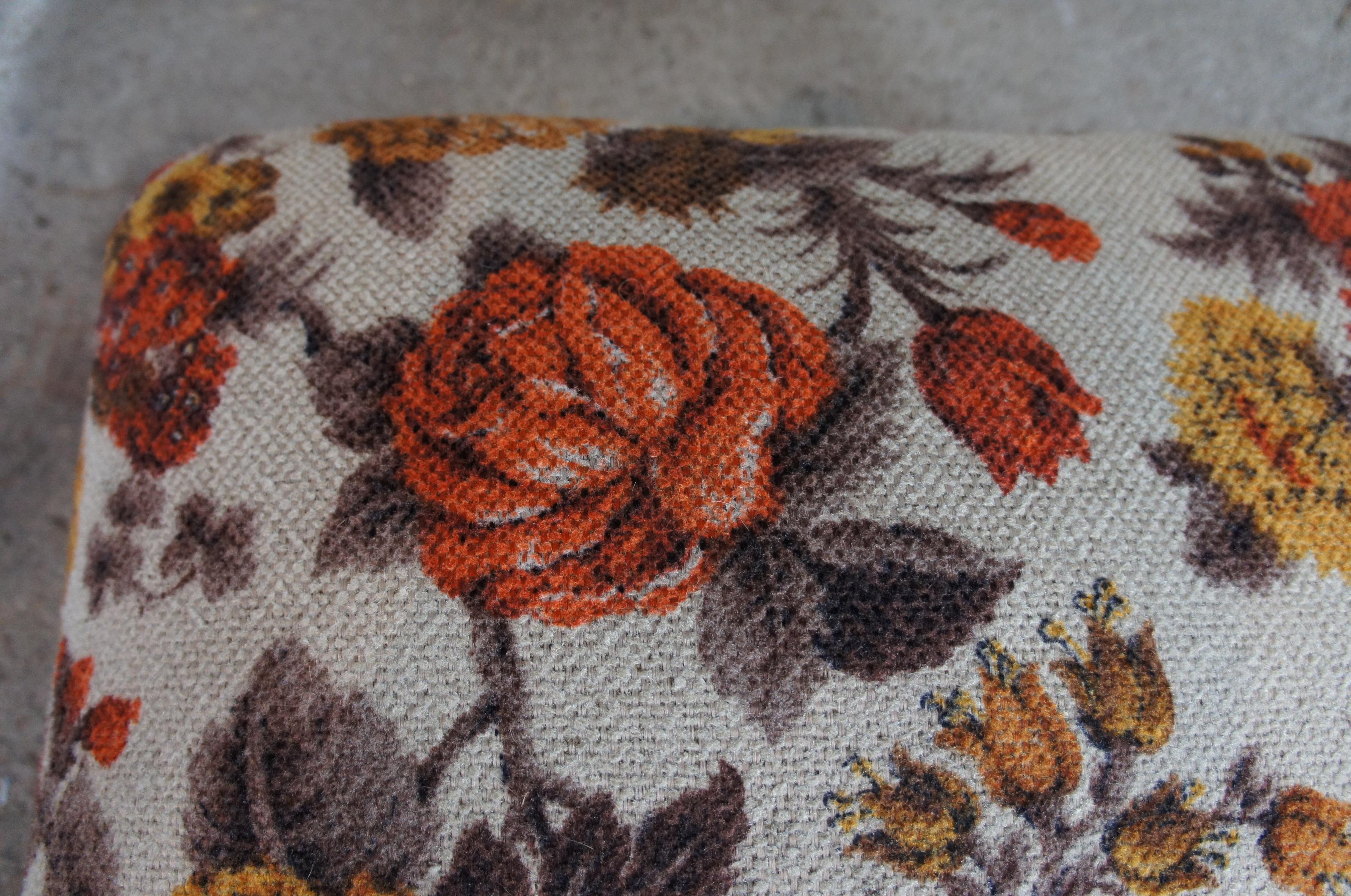 Mid Century Rectangular Wool Upholstered Floral Oak Foot Stool Seat Ottoman 4