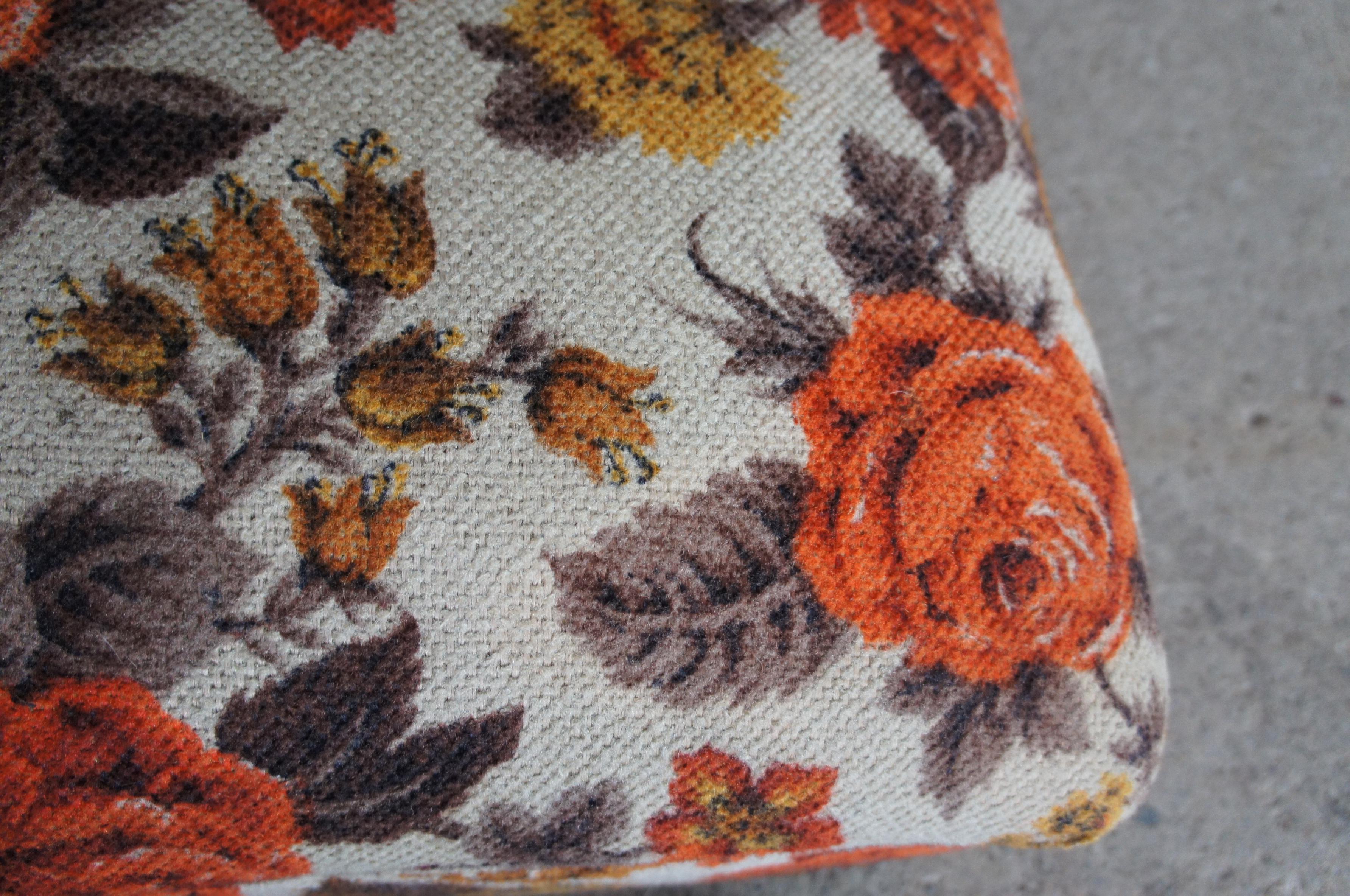 Mid Century Rectangular Wool Upholstered Floral Oak Foot Stool Seat Ottoman 5