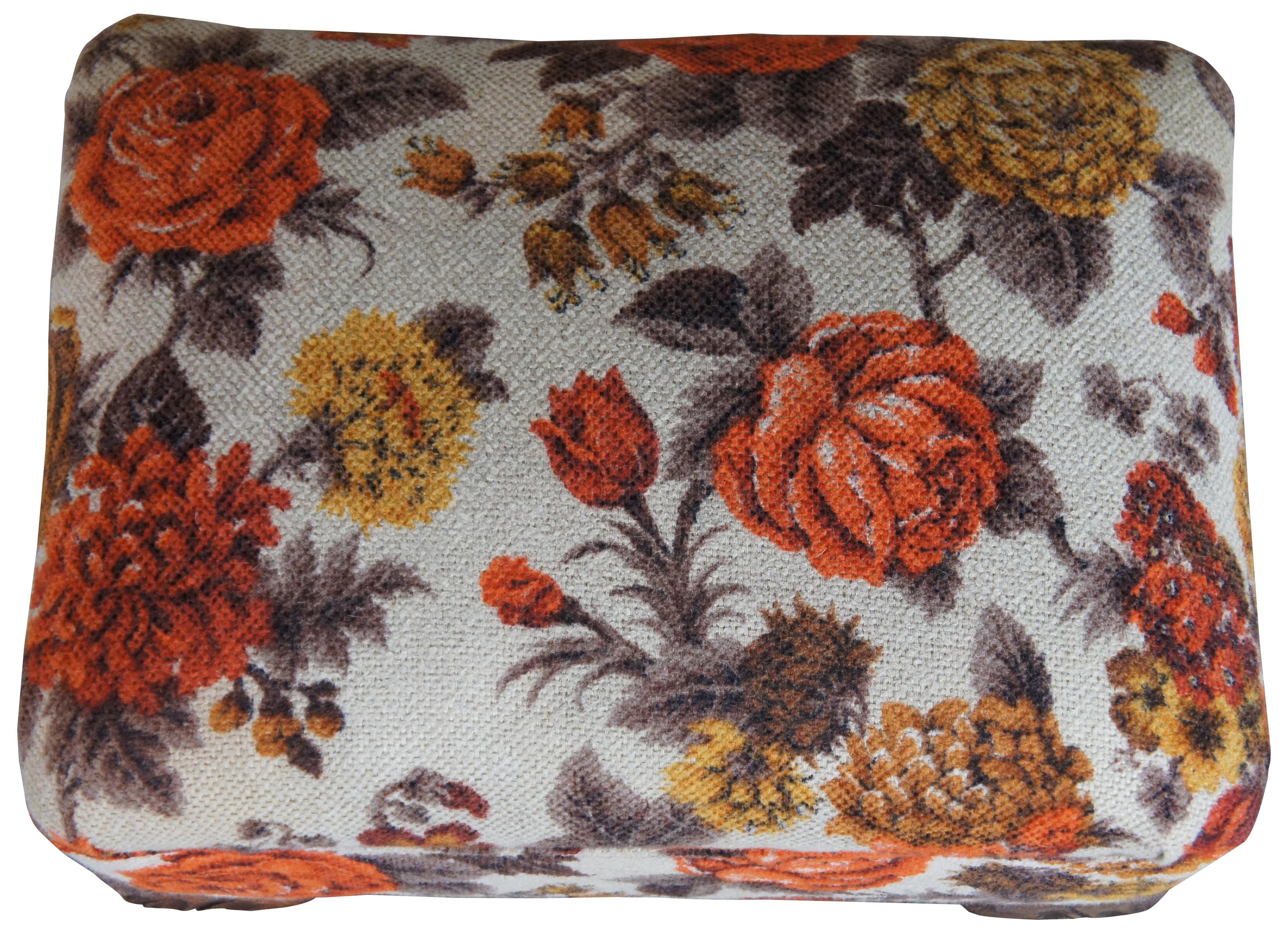 Mid-Century Modern Mid Century Rectangular Wool Upholstered Floral Oak Foot Stool Seat Ottoman