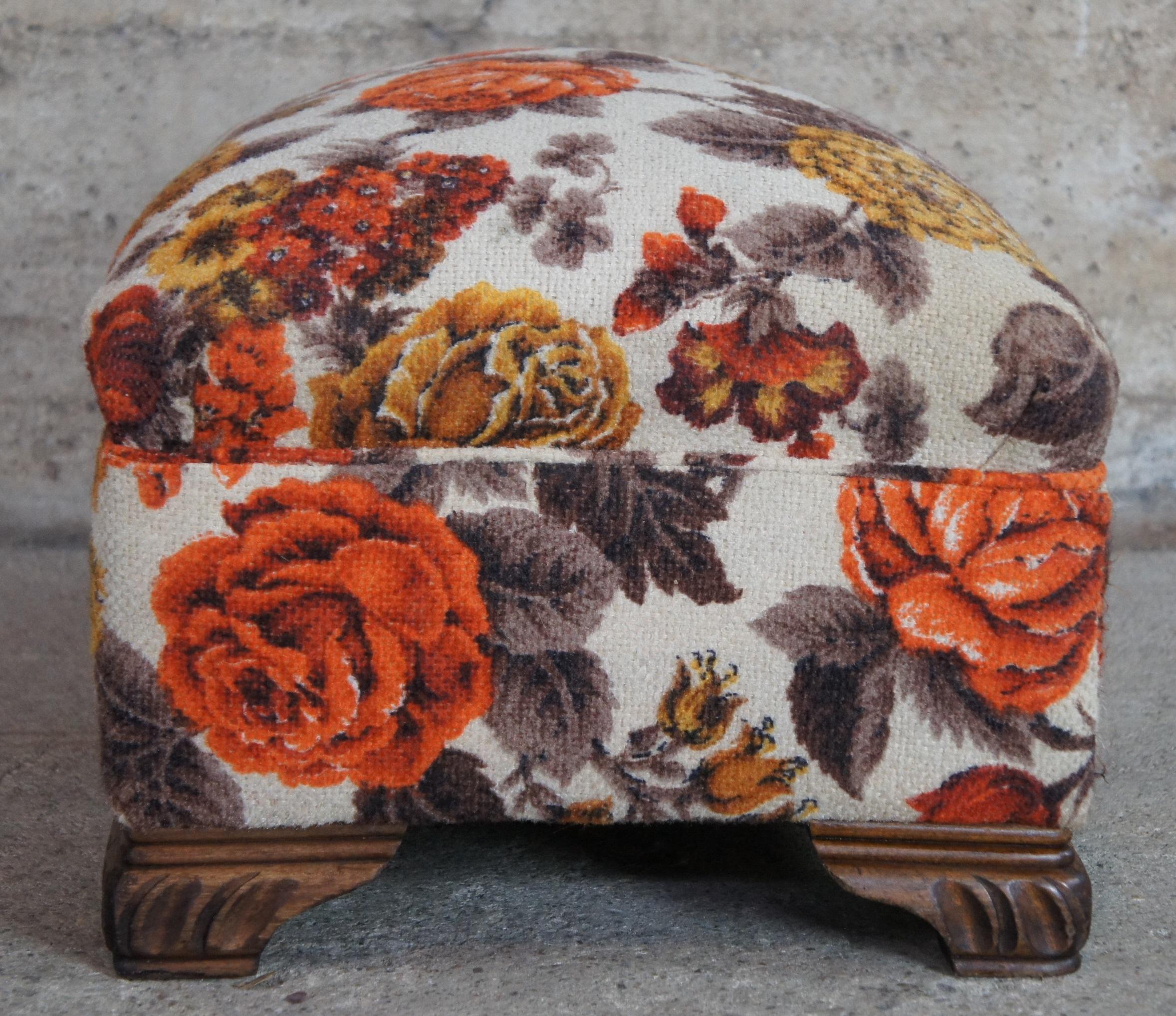 20th Century Mid Century Rectangular Wool Upholstered Floral Oak Foot Stool Seat Ottoman