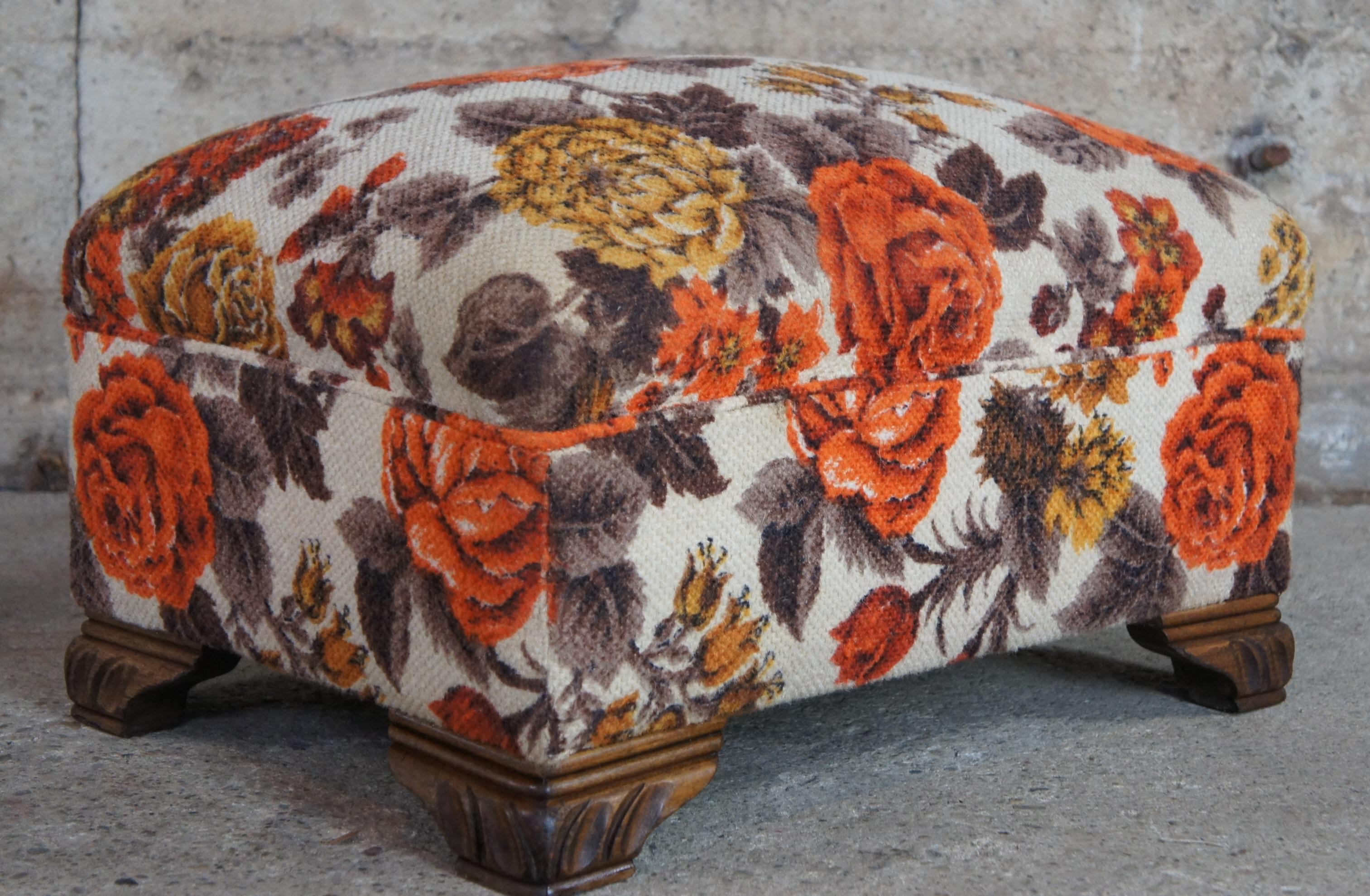 Upholstery Mid Century Rectangular Wool Upholstered Floral Oak Foot Stool Seat Ottoman