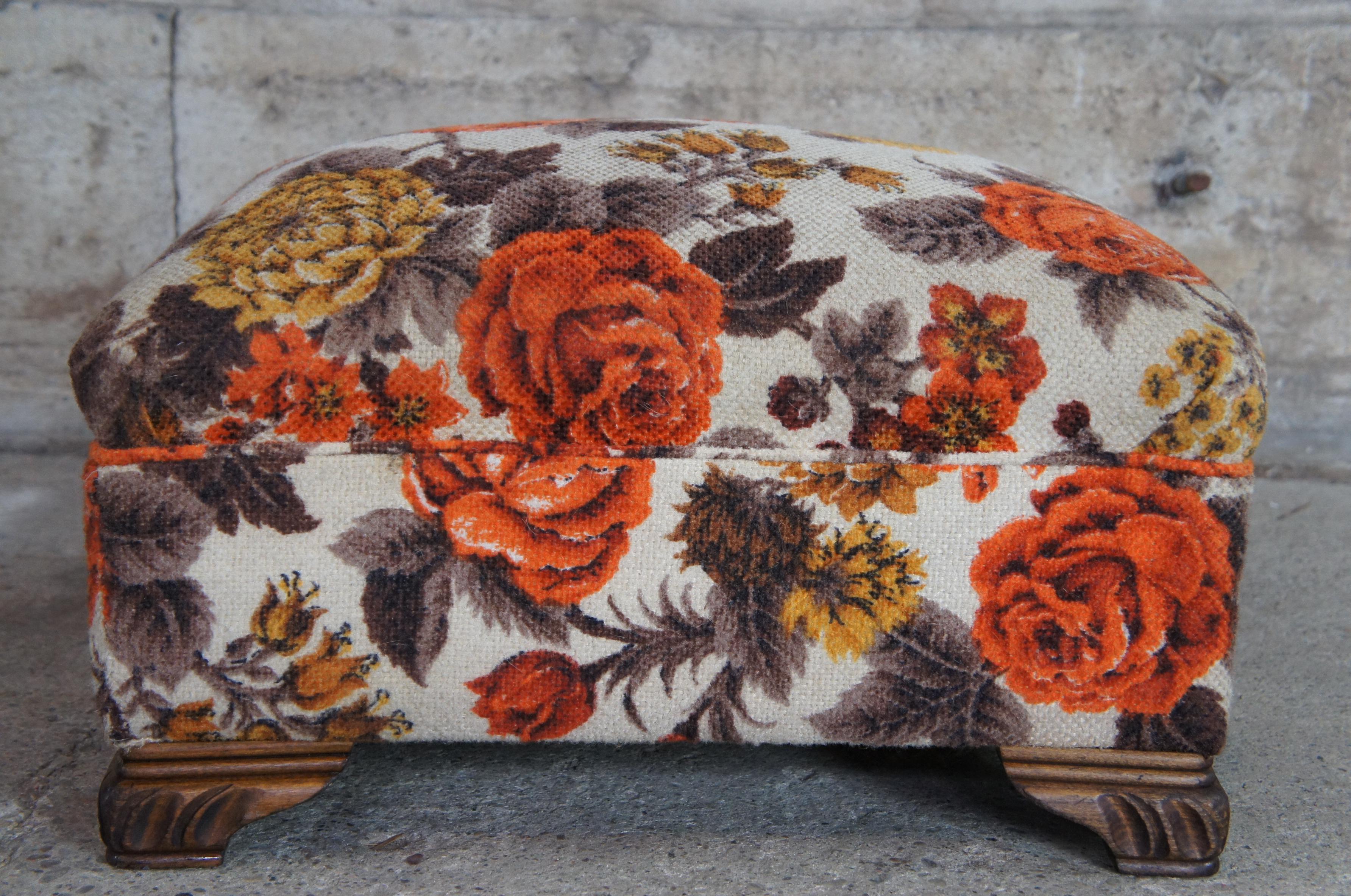 Mid Century Rectangular Wool Upholstered Floral Oak Foot Stool Seat Ottoman 1