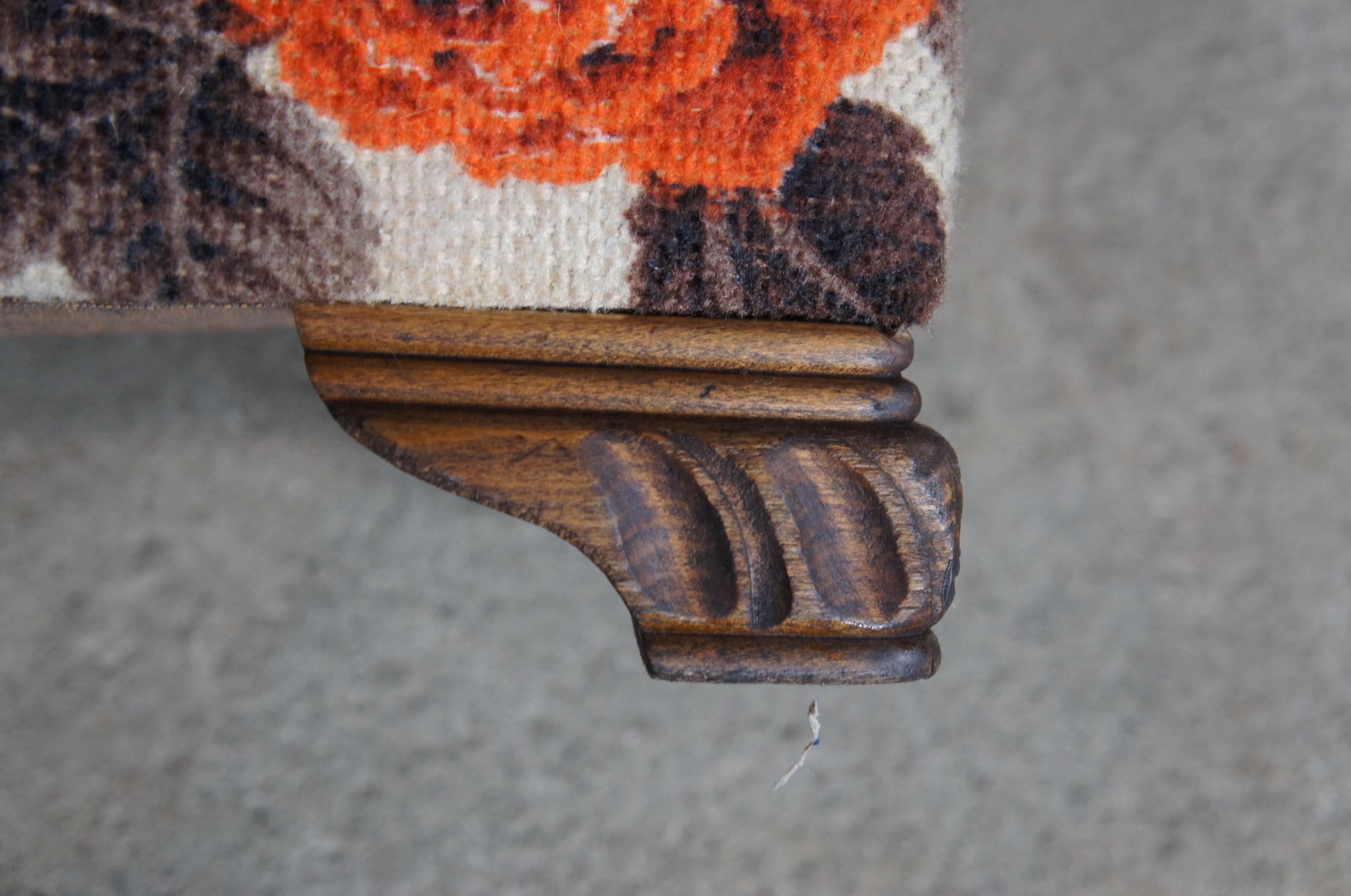 Mid Century Rectangular Wool Upholstered Floral Oak Foot Stool Seat Ottoman 2