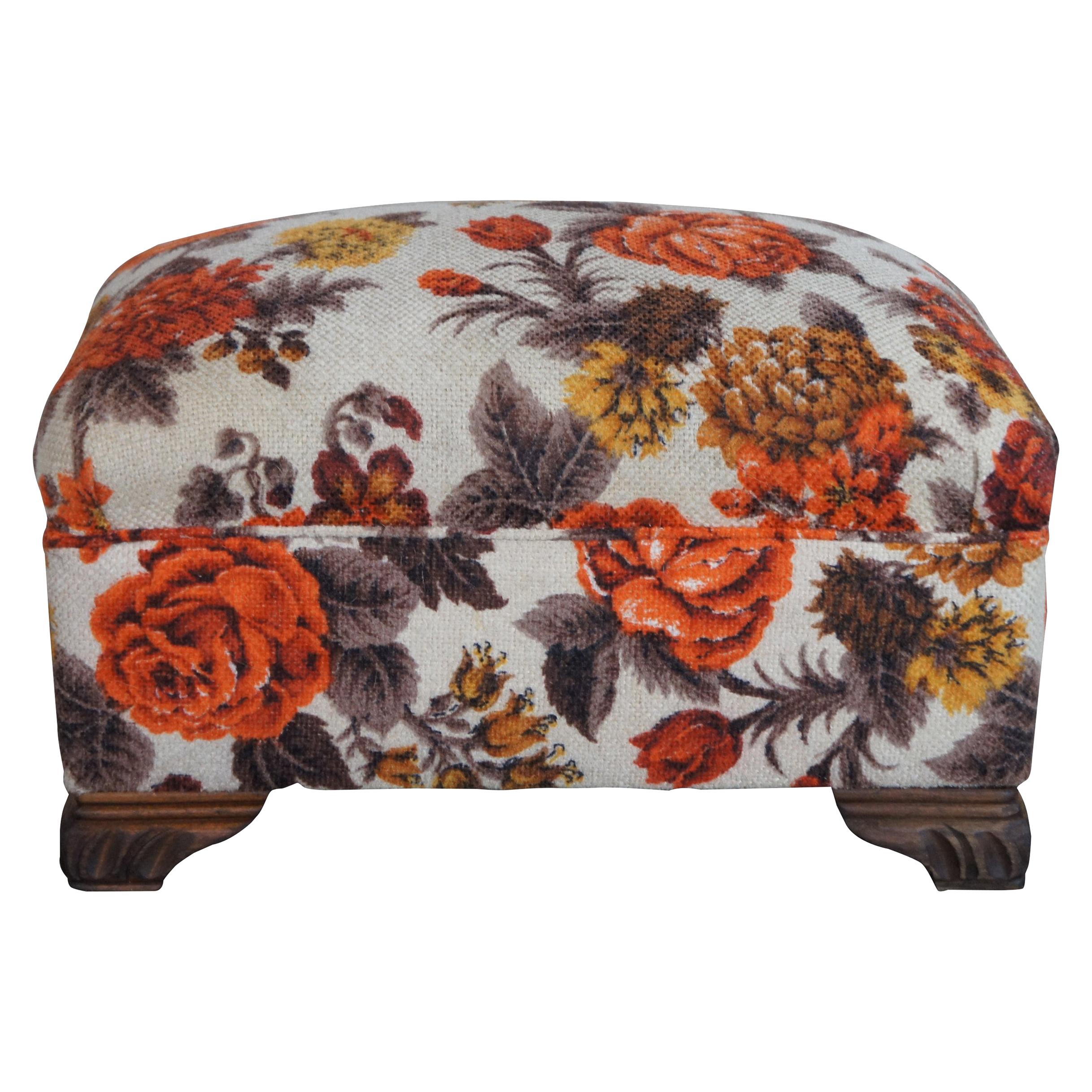 Mid Century Rectangular Wool Upholstered Floral Oak Foot Stool Seat Ottoman