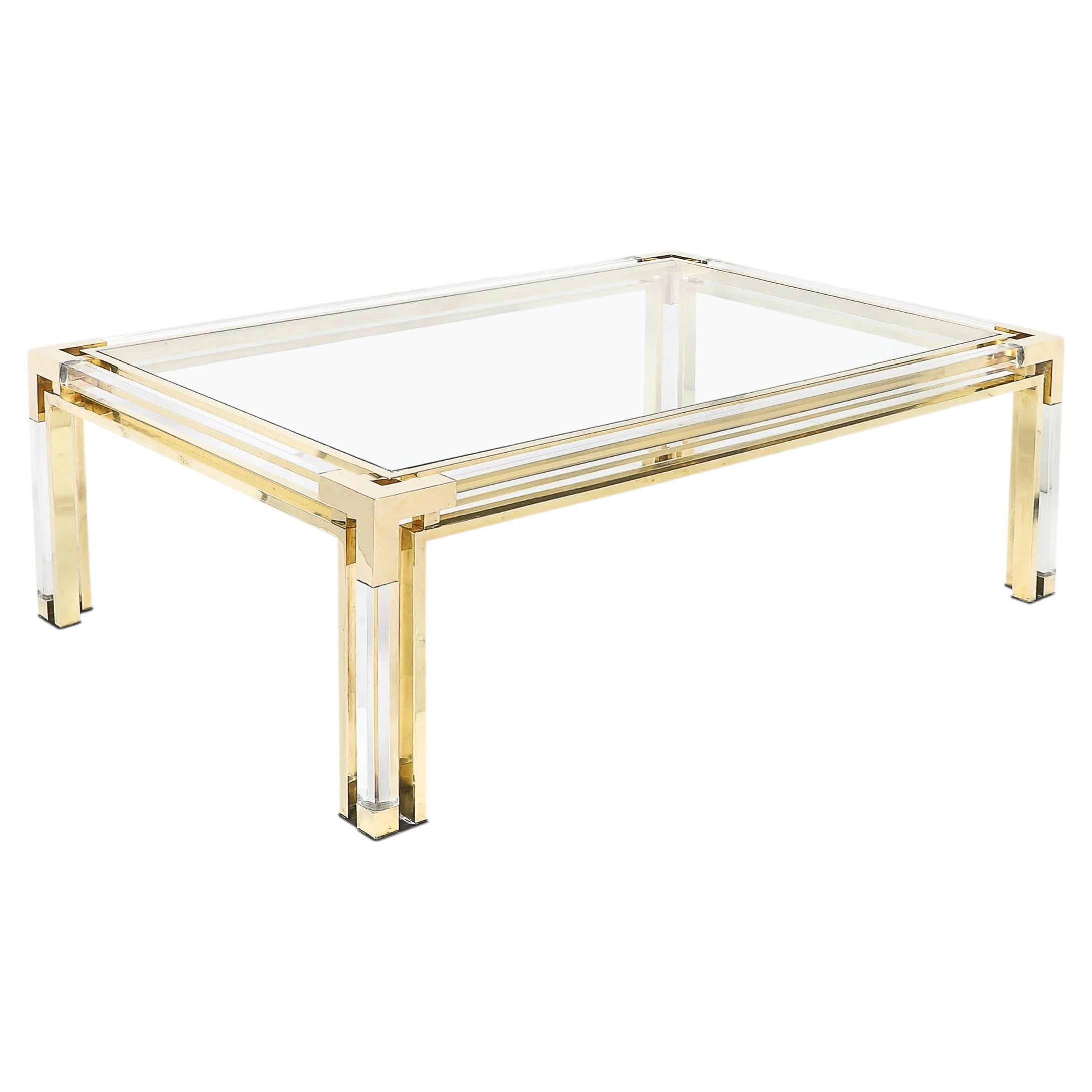 Mid-Century Rectilinear Brass & Lucite Glass Top Cocktail Table by Maison Jansen For Sale