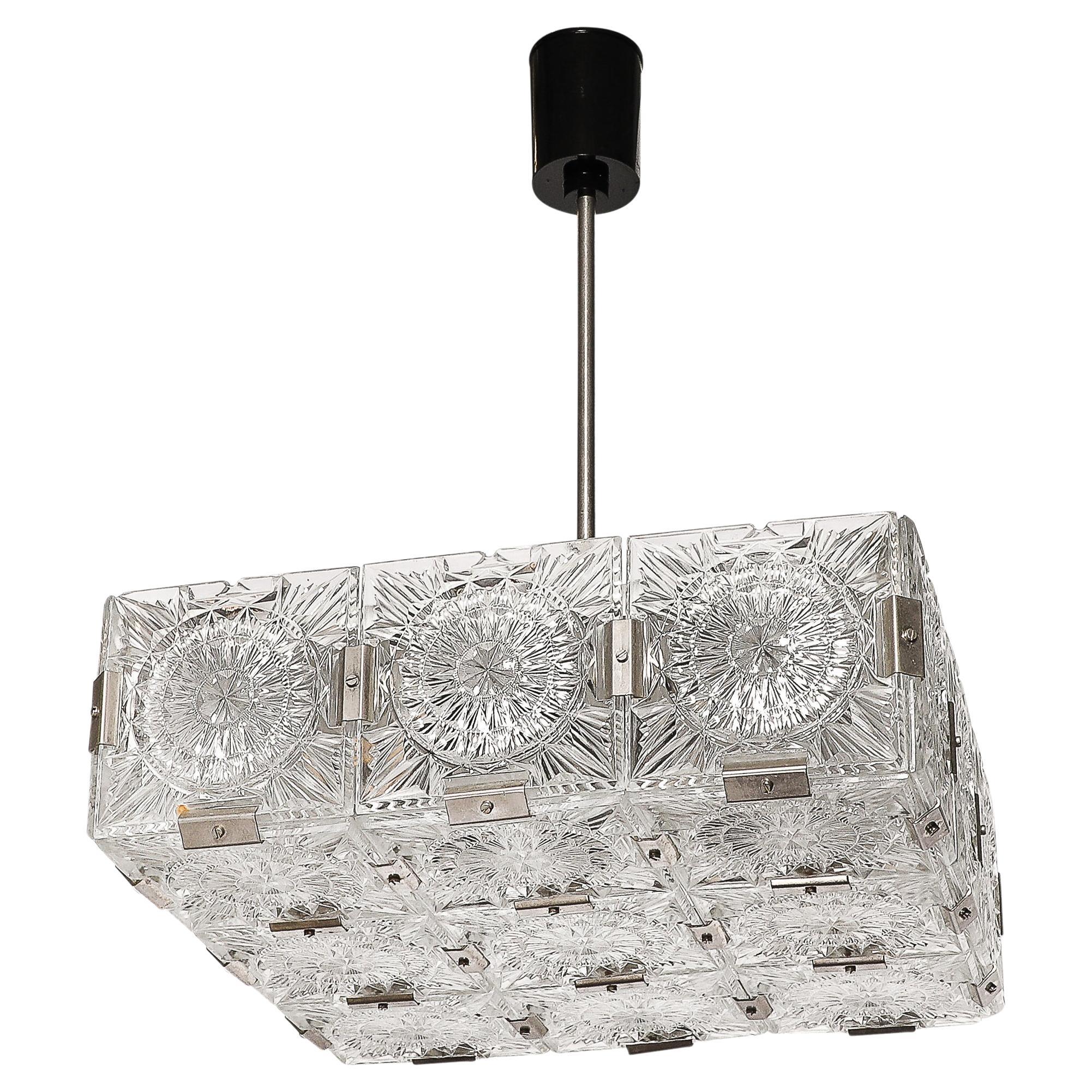 Mid-Century Rectilinear Cut Glass & Nickel Clipped Chandelier by Kamenicky Senov