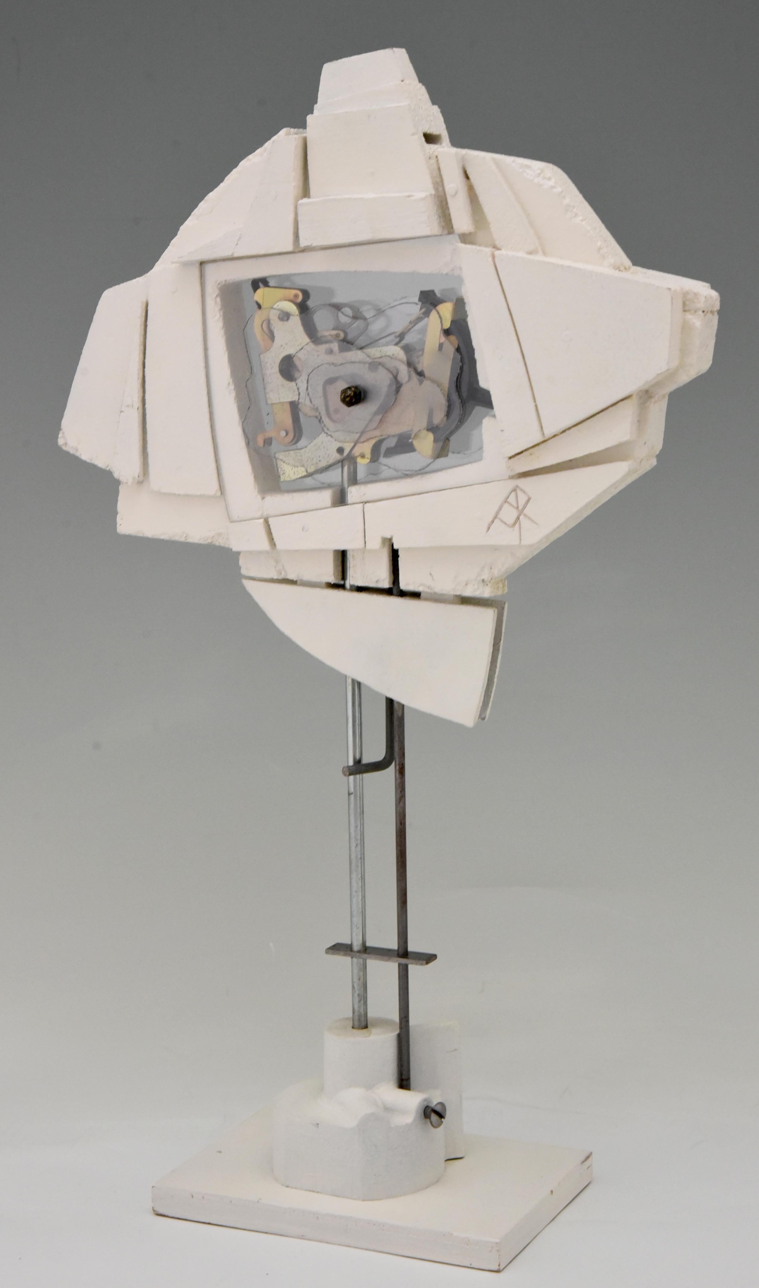 Original midcentury recycled art wooden sculpture with plexiglass and metal by the collage artist André Pailler, France, 1970.
  