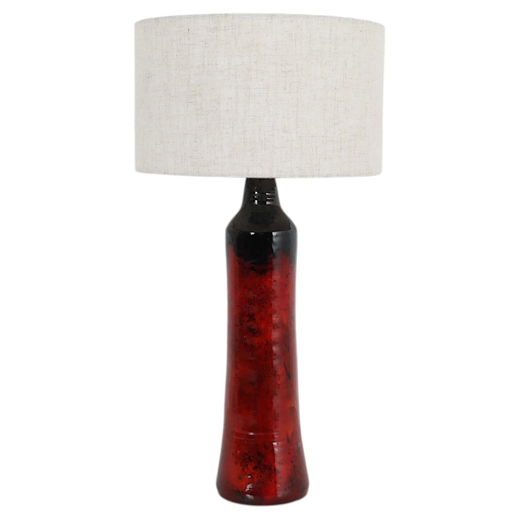 Mid-Century Red and Black Glazed Ceramic Table Lamp with Linen Shade