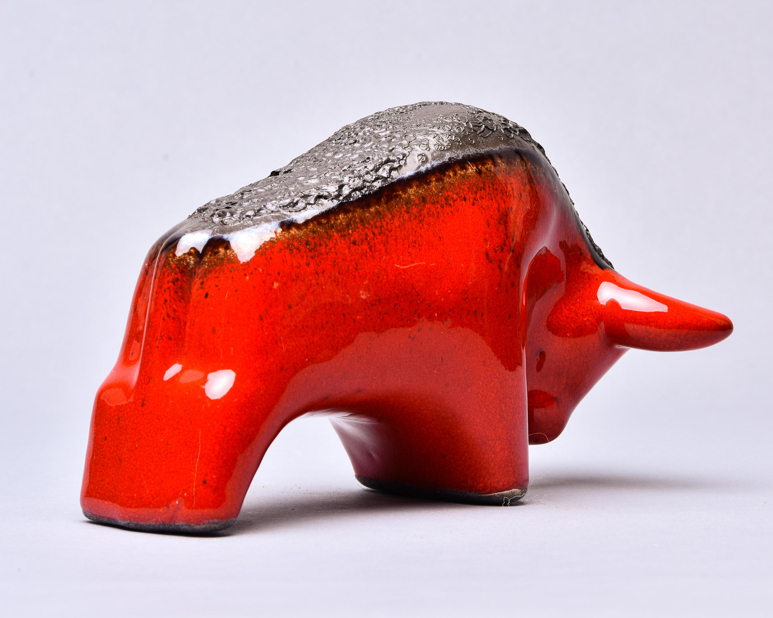 Mid Century Red and Black Lava Style Ceramic Bull 1
