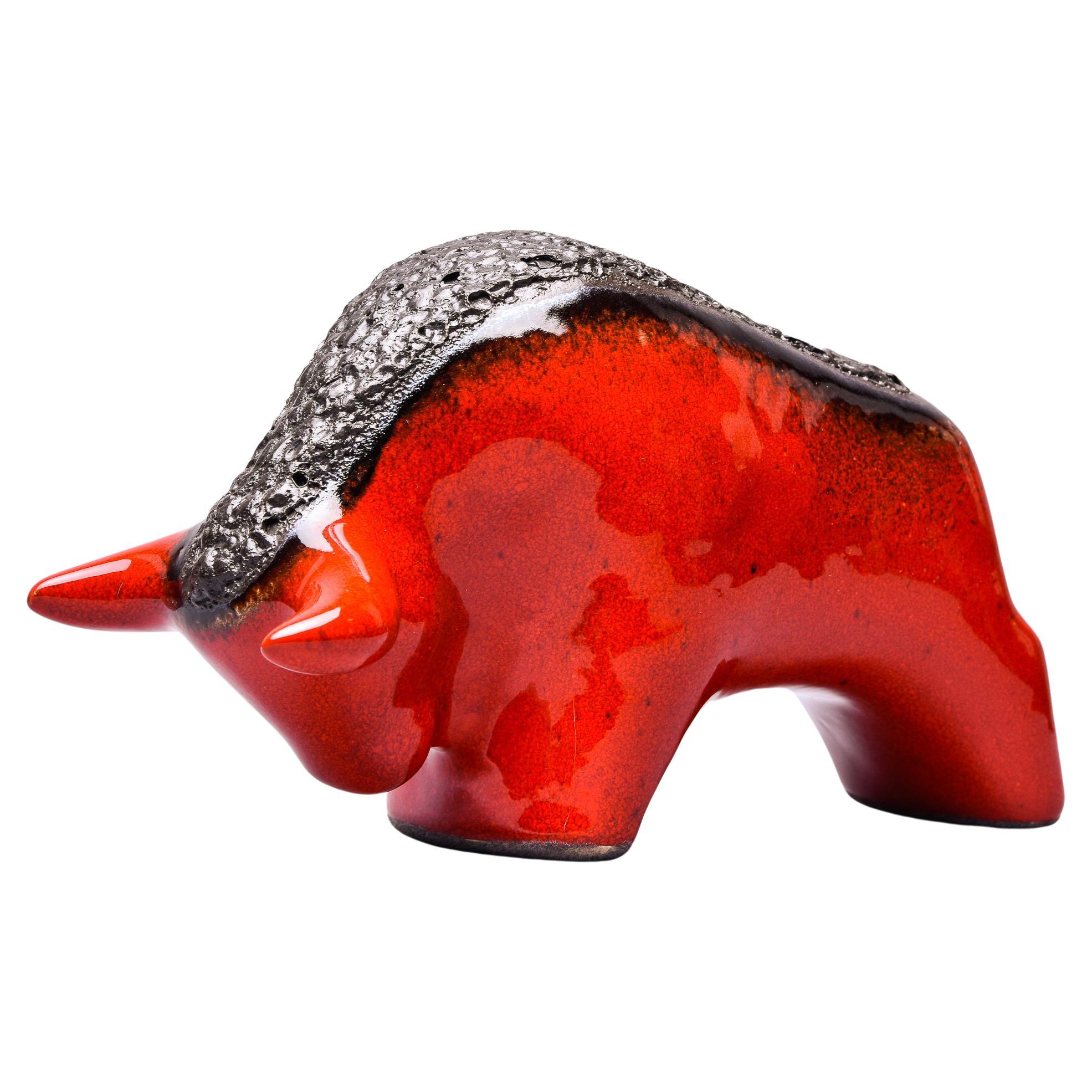 Mid Century Red and Black Lava Style Ceramic Bull