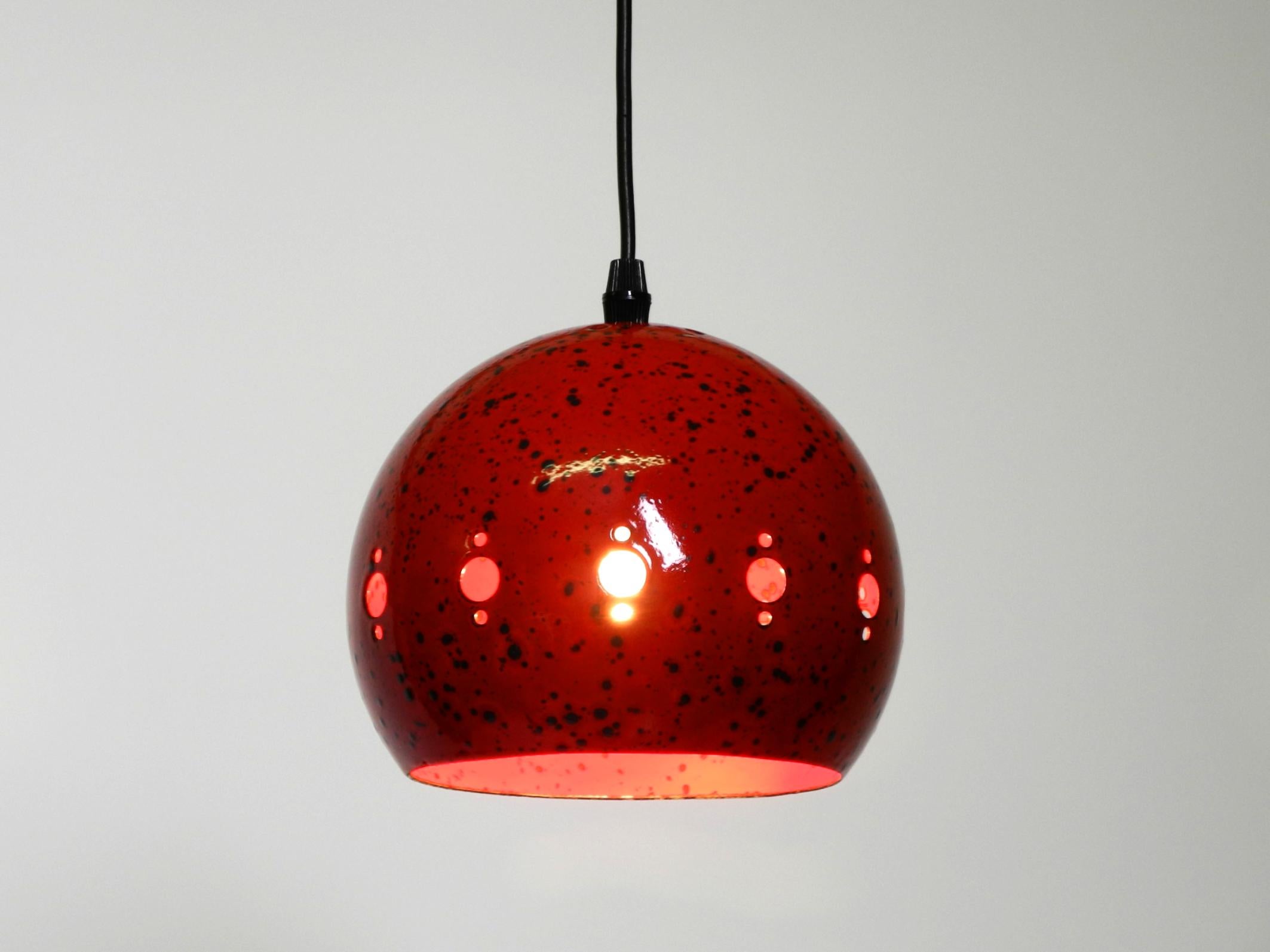 German Mid Century red and black small enameled pendant lamp with original canopy For Sale