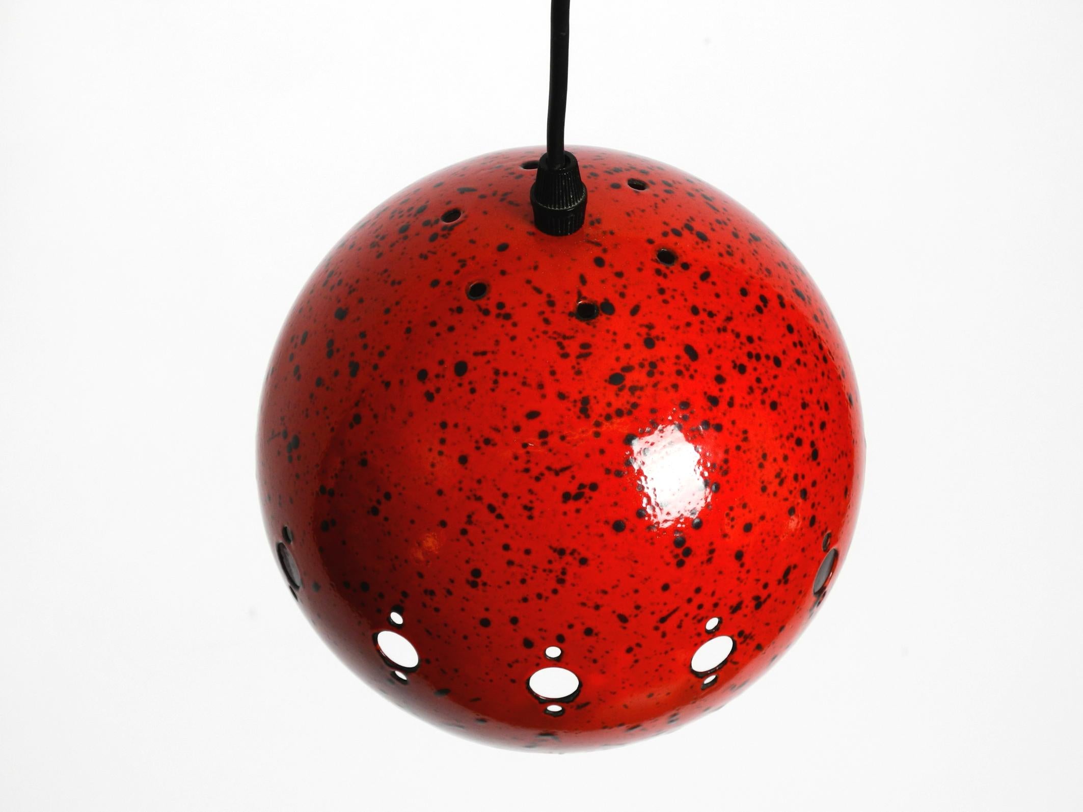 Mid-20th Century Mid Century red and black small enameled pendant lamp with original canopy For Sale