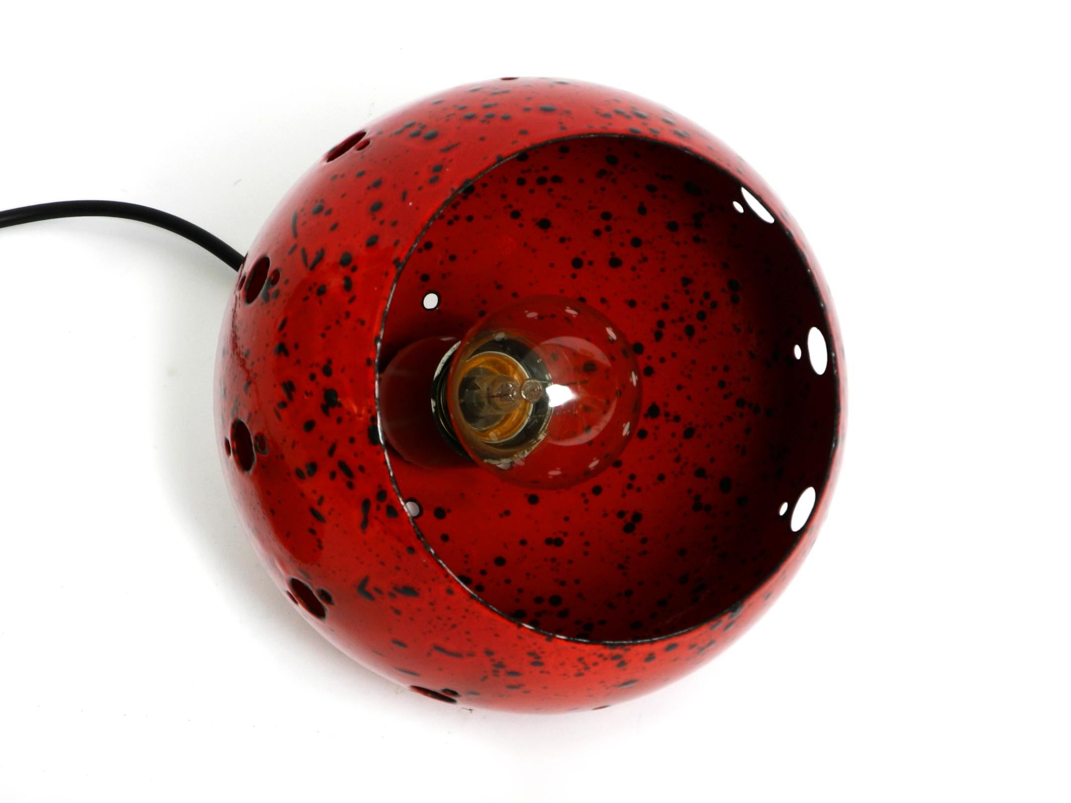 Metal Mid Century red and black small enameled pendant lamp with original canopy For Sale