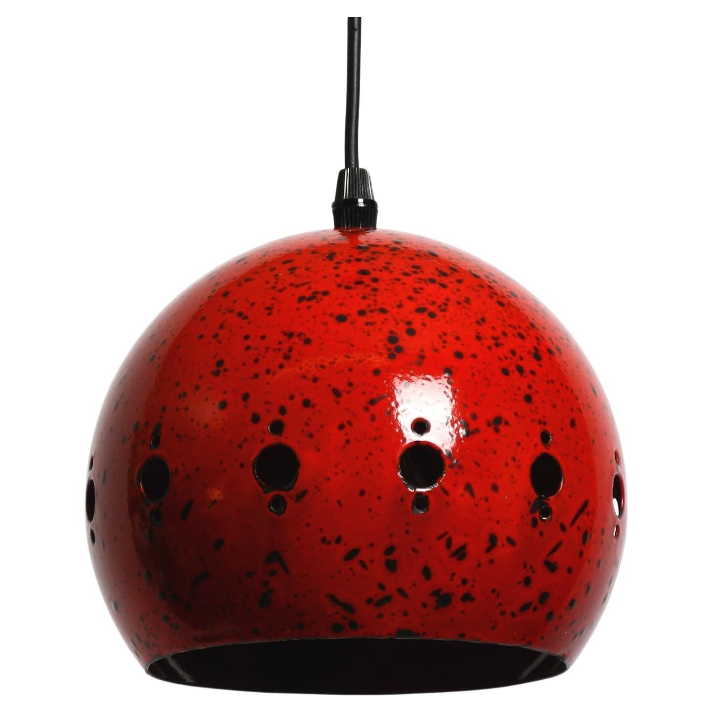 Mid Century red and black small enameled pendant lamp with original canopy For Sale