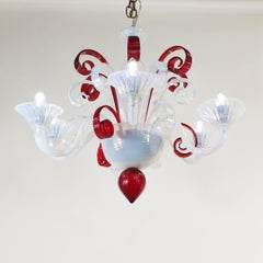 Mid-Century Red and Opaline Murano Glass Chandelier by Mazzega
