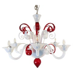 Mid-Century Red and Opaline Murano Glass Chandelier by Mazzega