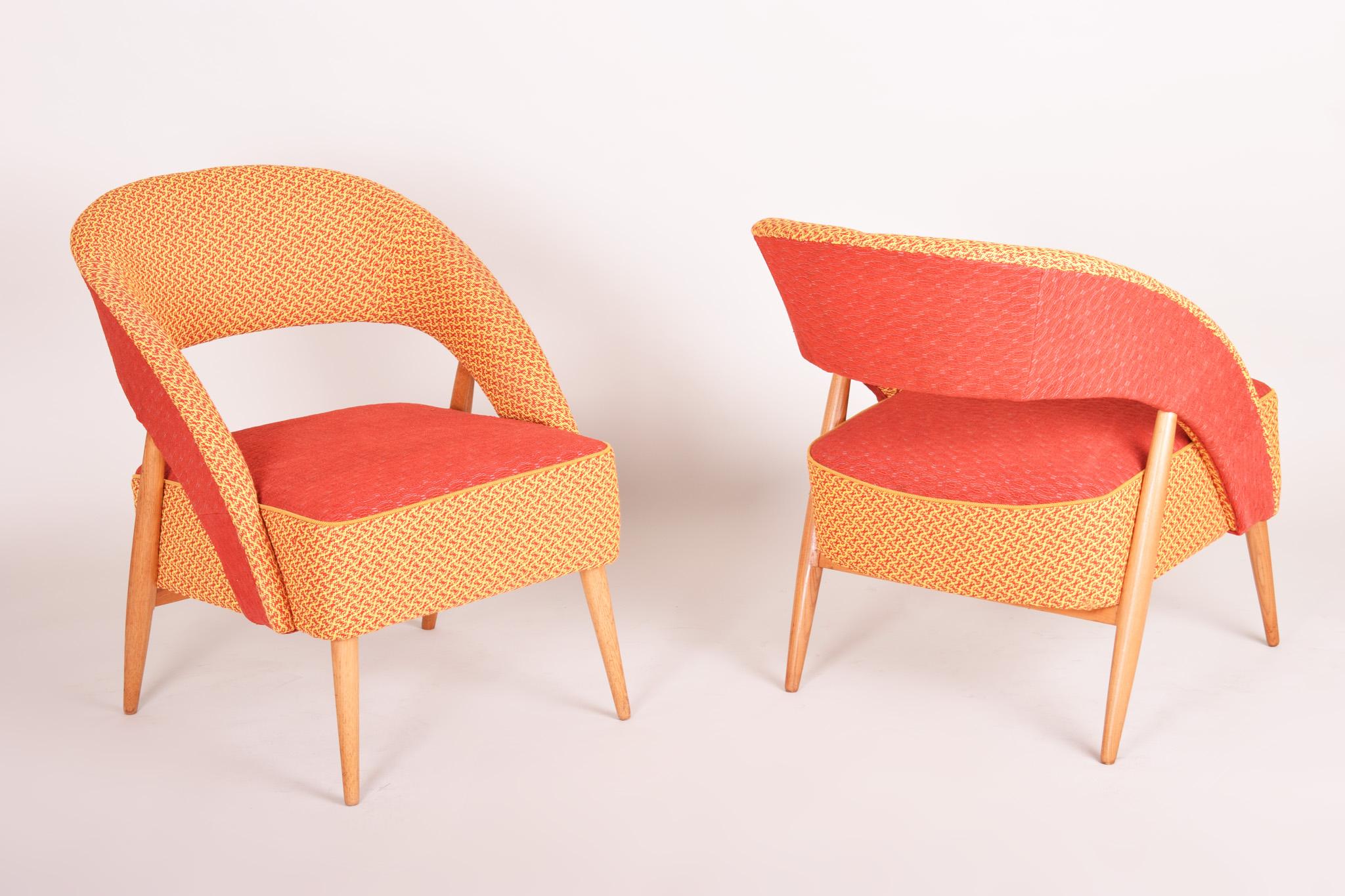 Mid Century Red and Orange Chairs, Made in 1940s, Czechia, Restored by Our Team In Good Condition For Sale In Horomerice, CZ