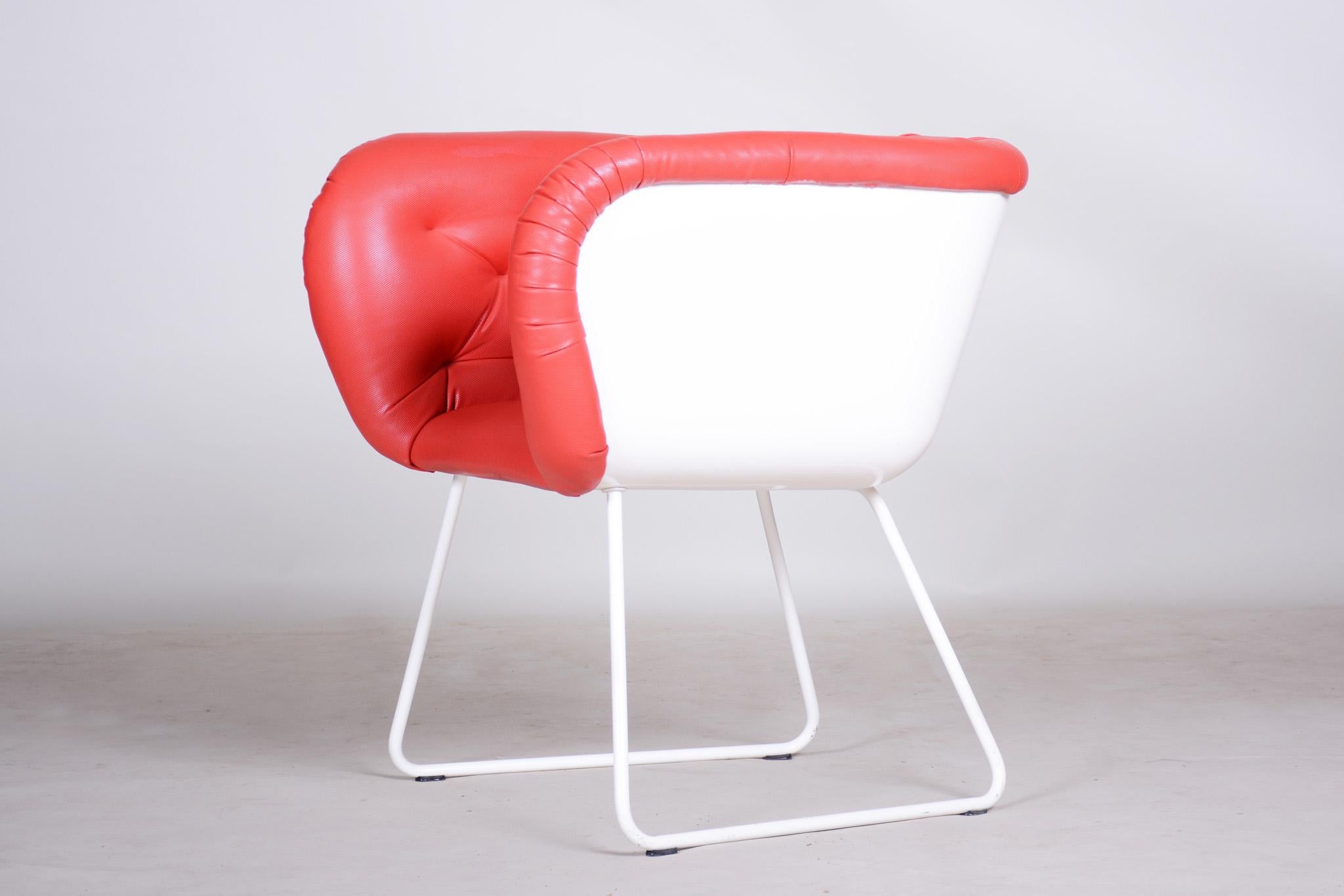 Steel Mid-Century Red and White Armchair, Original Condition, Czechia, 1960s For Sale