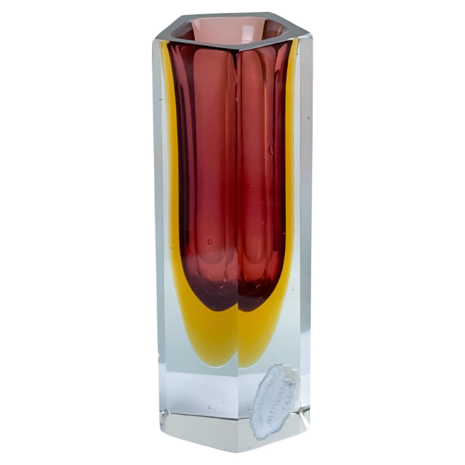 Murano Faceted Red and yellow Sommerso Glass Vase by Mandruzzato c. 1960s Italy