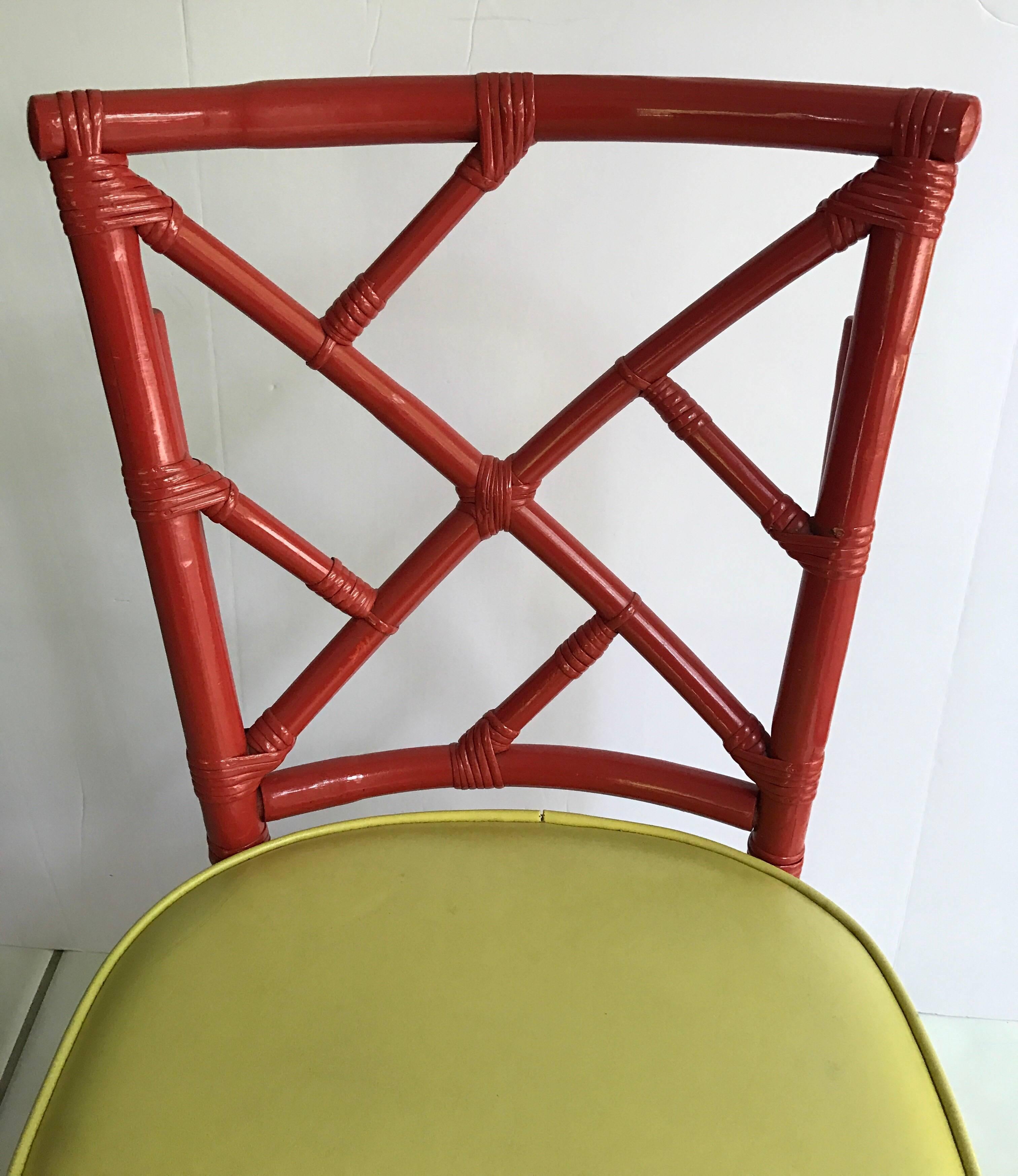 Late 20th Century Mid Century Red Bamboo Chinese Chippendale Dining Set, Table and Six Chairs