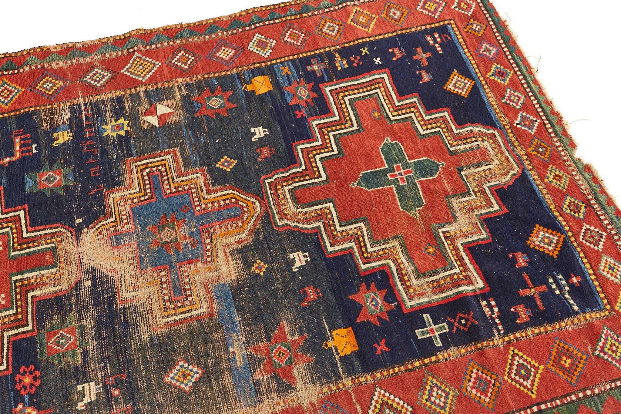 Late 20th Century Mid Century Red Blue and Green Low Pile Wool Rug For Sale