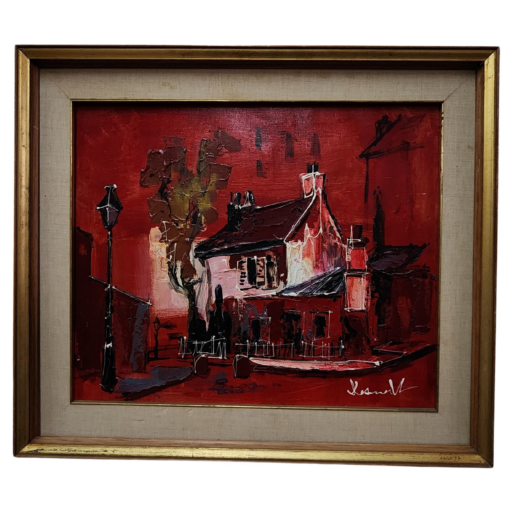 Peinture à l'huile abstraite "Boat House" rouge du milieu du siècle Paris City / Town de DeSemdt