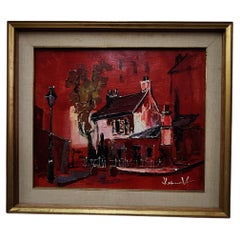 Peinture à l'huile abstraite "Boat House" rouge du milieu du siècle Paris City / Town de DeSemdt