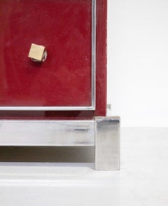 Mid-Century Red Cabinet Secretary by Michel Pigneres, Brass Chrome and Lacquer