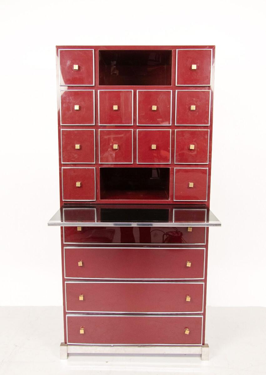 French Mid-Century Red Cabinet Secretary by Michel Pigneres, Brass Chrome and Lacquer For Sale