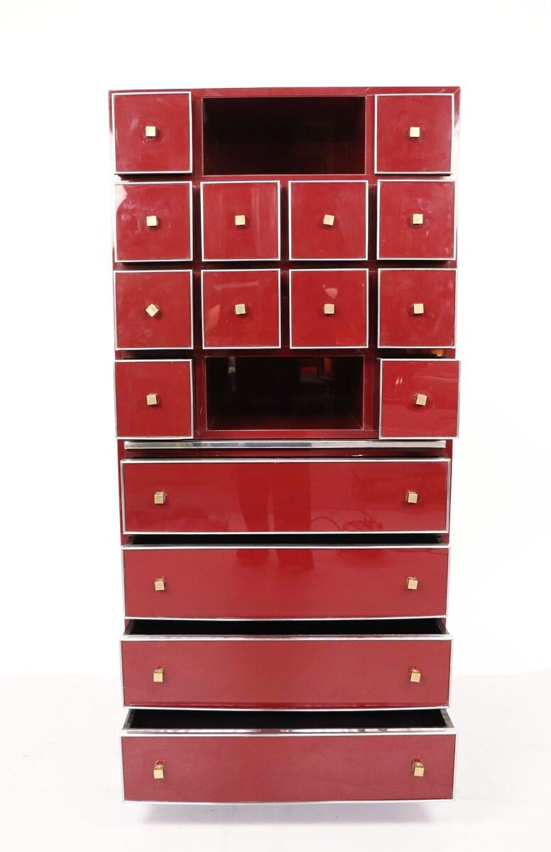 Mid-Century Red Cabinet Secretary by Michel Pigneres, Brass Chrome and Lacquer In Good Condition For Sale In Brussels, BE
