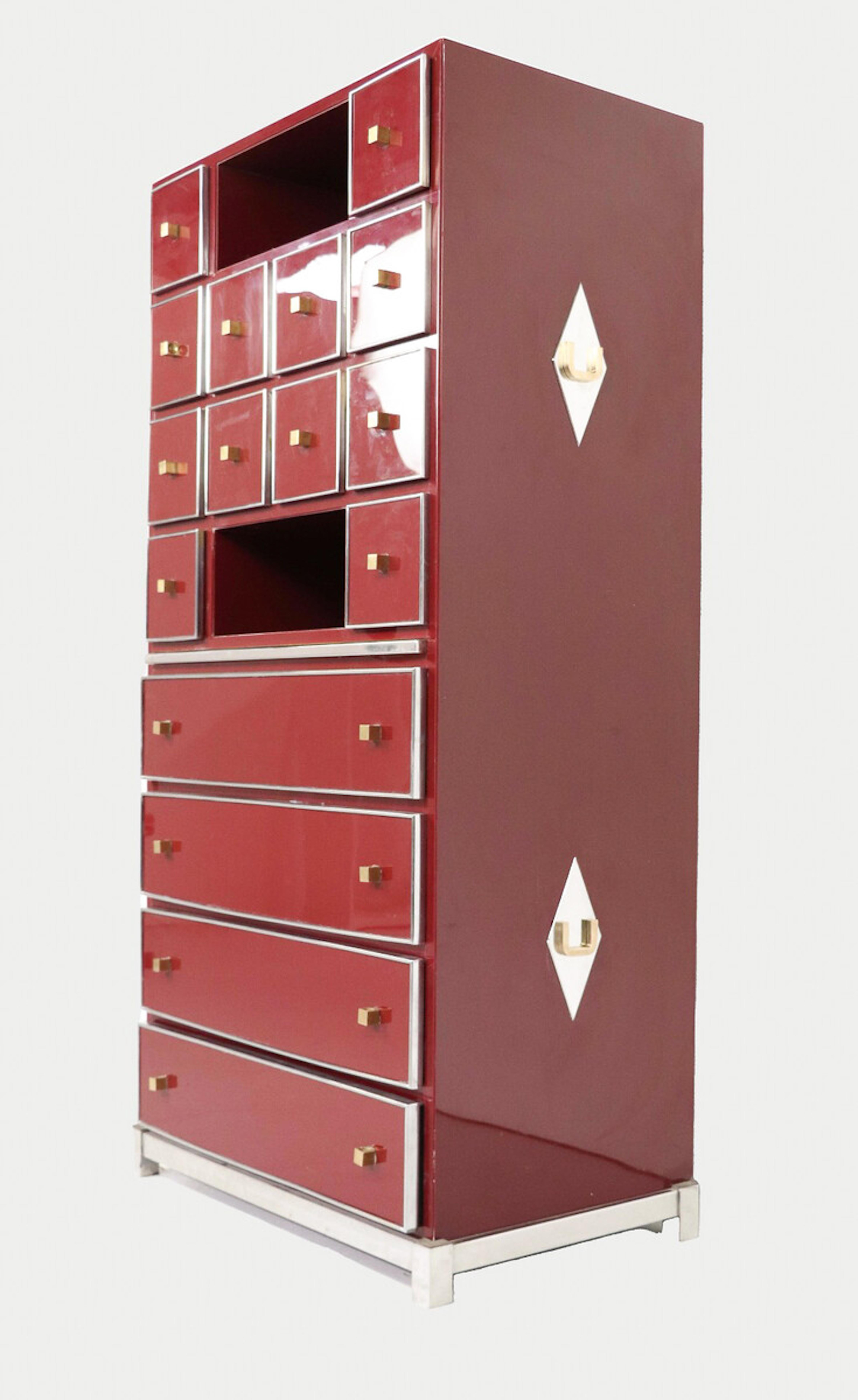 Late 20th Century Mid-Century Red Cabinet Secretary by Michel Pigneres, Brass Chrome and Lacquer For Sale