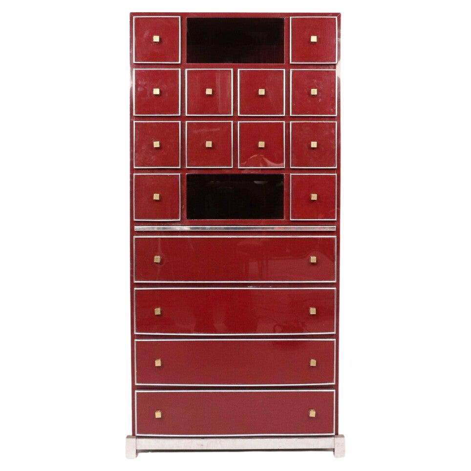 Mid-Century Red Cabinet Secretary by Michel Pigneres, Brass Chrome and Lacquer