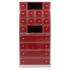 Vintage Mid-Century Red Cabinet Secretary by Michel Pigneres, Brass Chrome and Lacquer