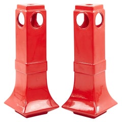 Mid-Century Red Ceramic Pottery Stands, a Pair