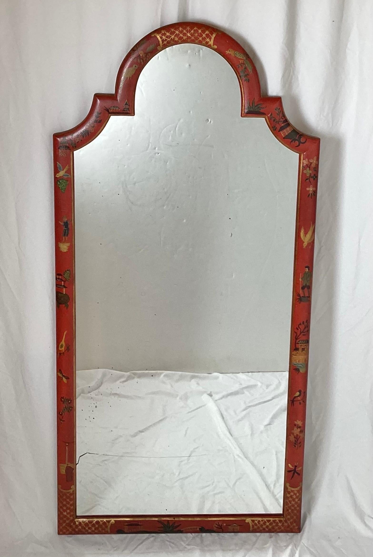 Hand-Painted Midcentury Red Chinoiserie Mirror by Friedman Brothers For Sale